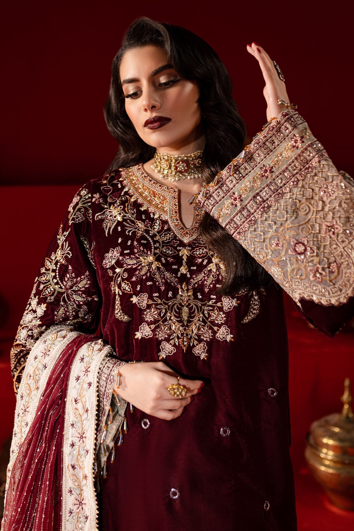 Nureh | Maya Velvet |  NW-89 - Designer Dress with Intricate embroidery and embellishments. Shop elegent wedding dress at Maria Faisal.