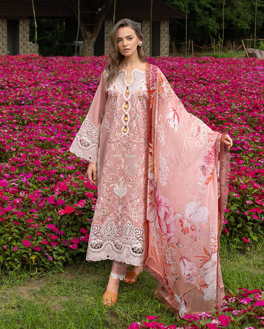 Mushq | The Secret Garden Lawn | Peach Blossom - Luxury Dress - available at Maria Faisal in UK and USA.