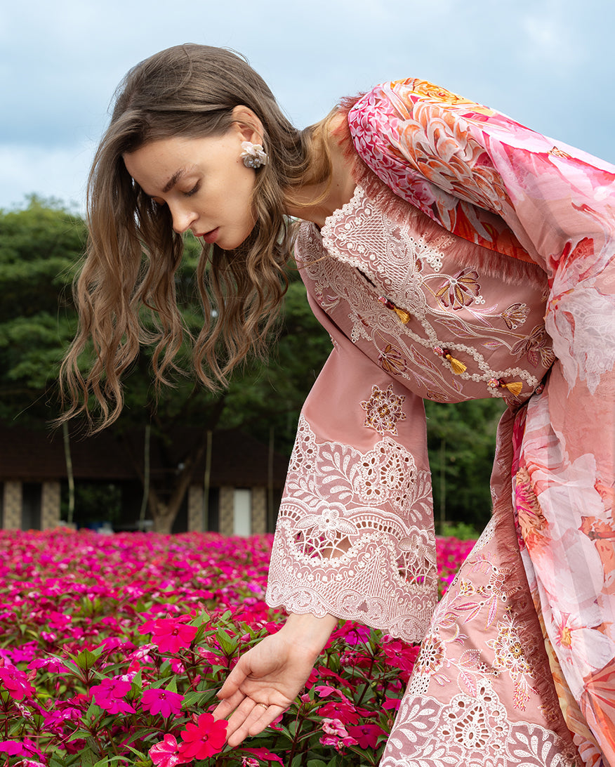 Mushq | The Secret Garden Lawn | Peach Blossom - Luxury Dress - available at Maria Faisal in UK and USA.