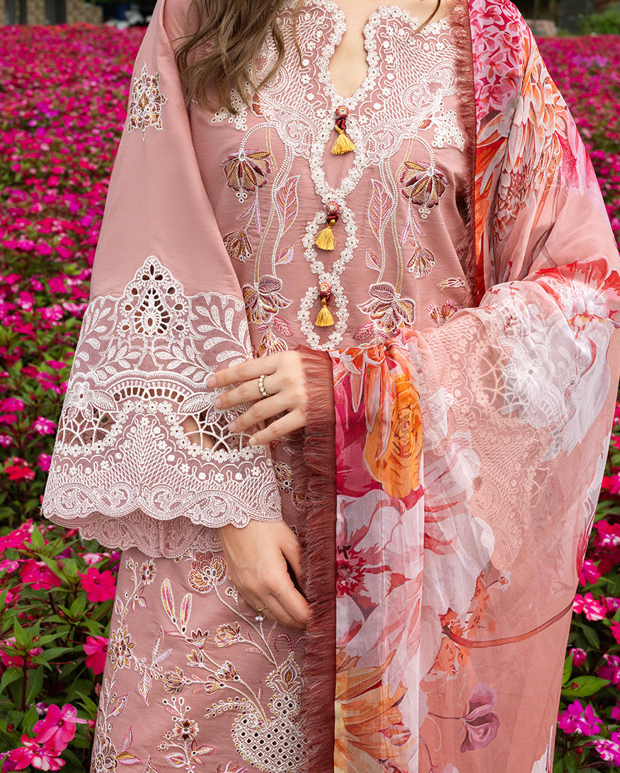 Mushq | The Secret Garden Lawn | Peach Blossom - Luxury Dress - available at Maria Faisal in UK and USA.