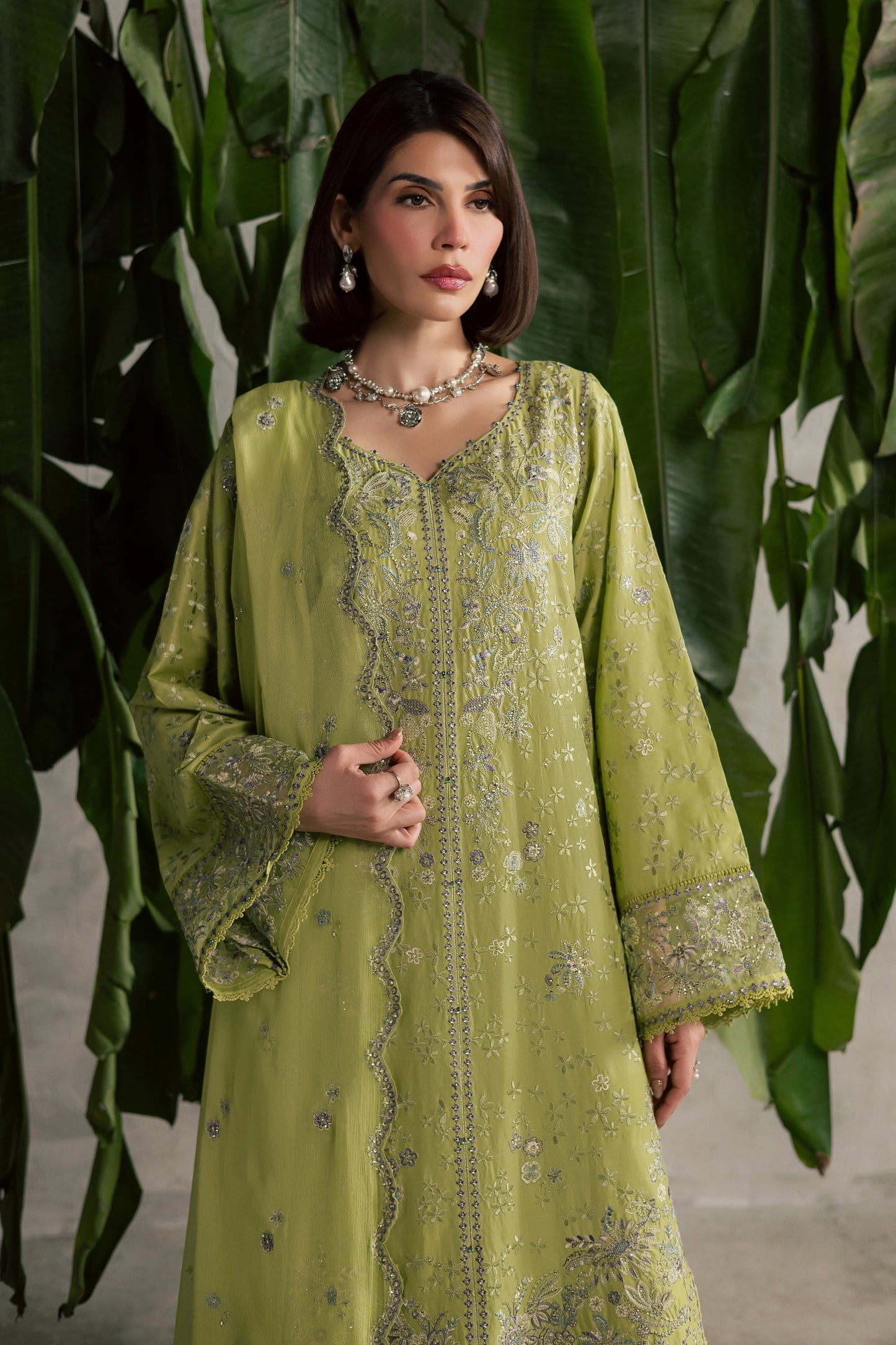 Batik | Festive Eid 26 | Pistachia - Luxury Dress - available at Maria Faisal in UK and USA.