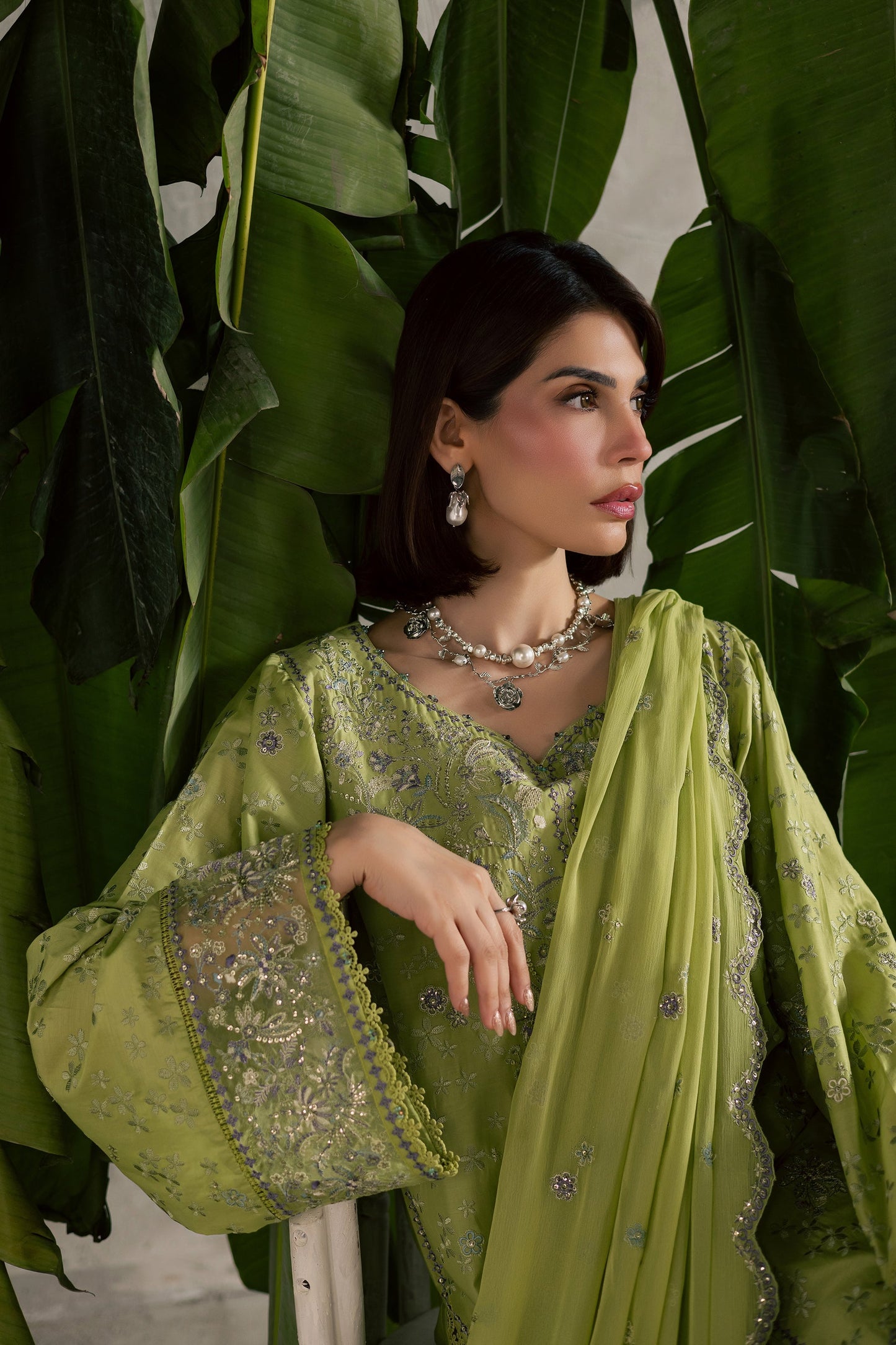 Batik | Festive Eid 26 | Pistachia - Luxury Dress - available at Maria Faisal in UK and USA.