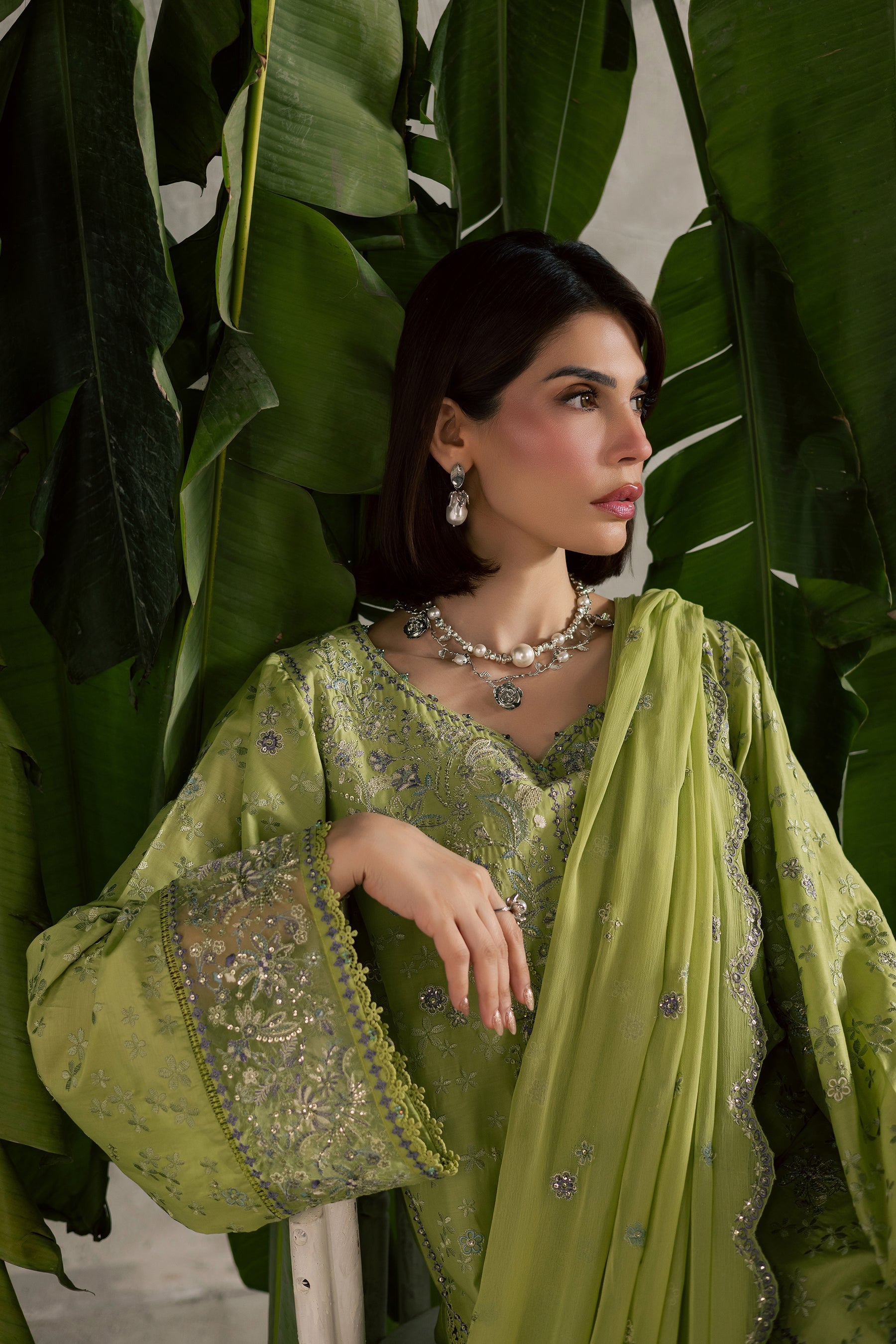 Batik | Festive Eid 26 | Pistachia - Luxury Dress - available at Maria Faisal in UK and USA.