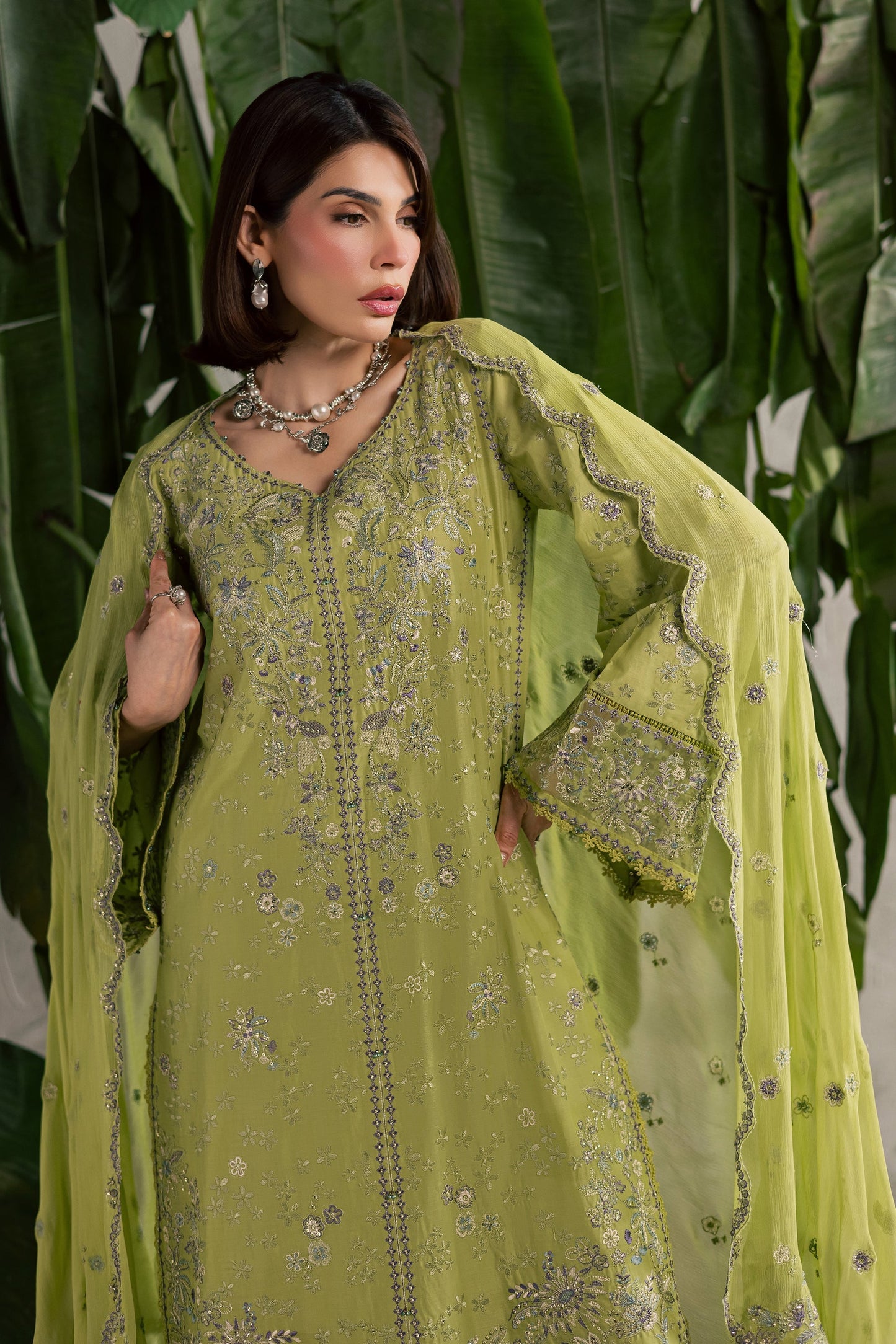 Batik | Festive Eid 26 | Pistachia - Luxury Dress - available at Maria Faisal in UK and USA.