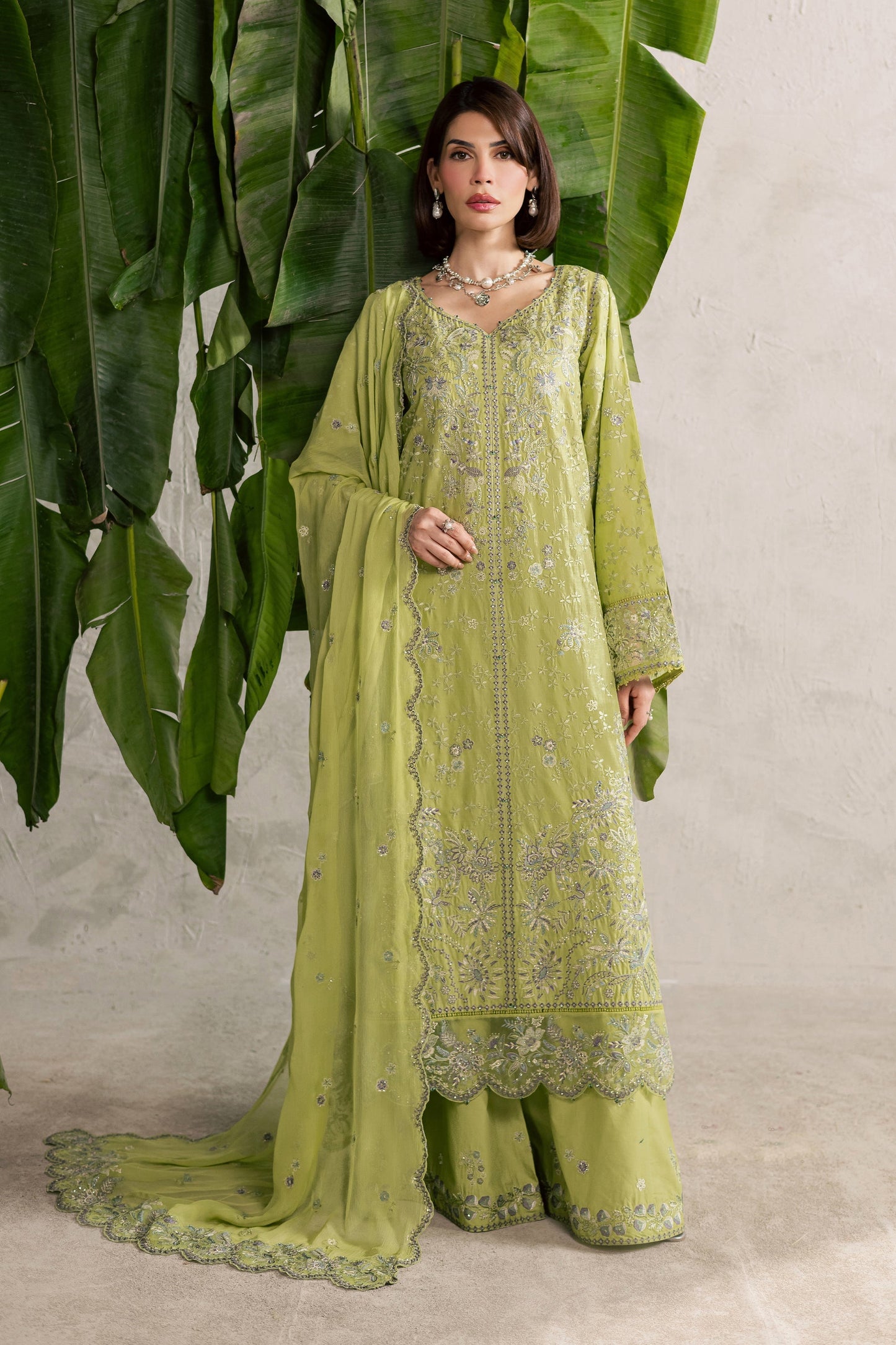 Batik | Festive Eid 26 | Pistachia - Luxury Dress - available at Maria Faisal in UK and USA.