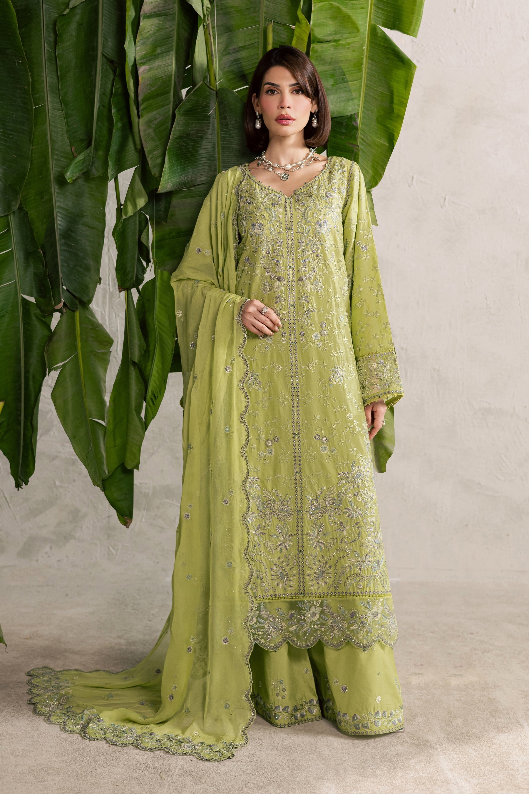 Batik | Festive Eid 26 | Pistachia - Luxury Dress - available at Maria Faisal in UK and USA.