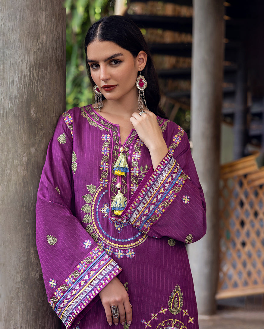 Mushq | Hemline Karandi | Plum Swirl - Casual Dress - available at Maria Faisal in UK and USA.