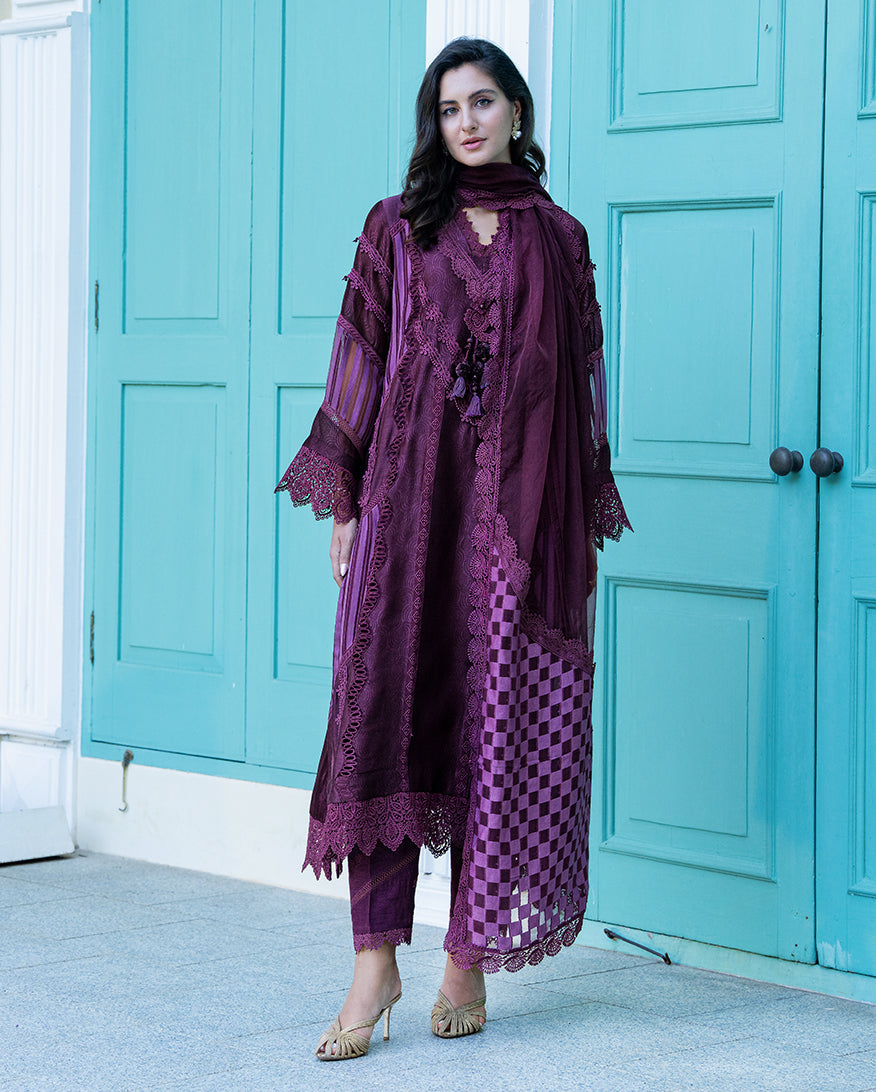 Mushq | Euphoria Pret | Plum Mirage - Luxury Dress - available at Maria Faisal in UK and USA.