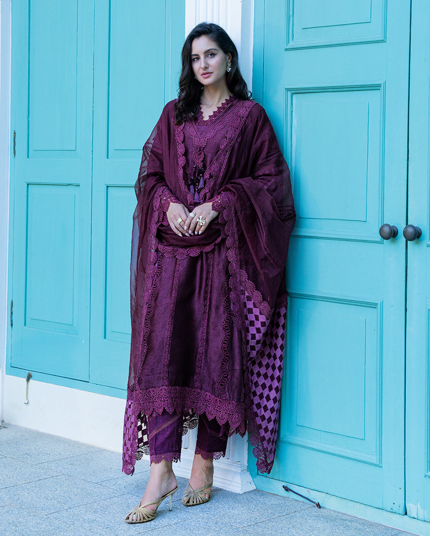 Mushq | Euphoria Pret | Plum Mirage - Luxury Dress - available at Maria Faisal in UK and USA.