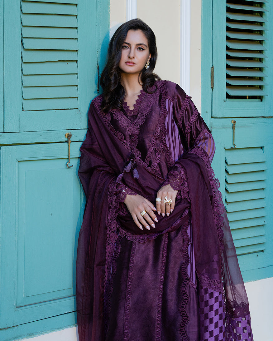 Mushq | Euphoria Pret | Plum Mirage - Luxury Dress - available at Maria Faisal in UK and USA.
