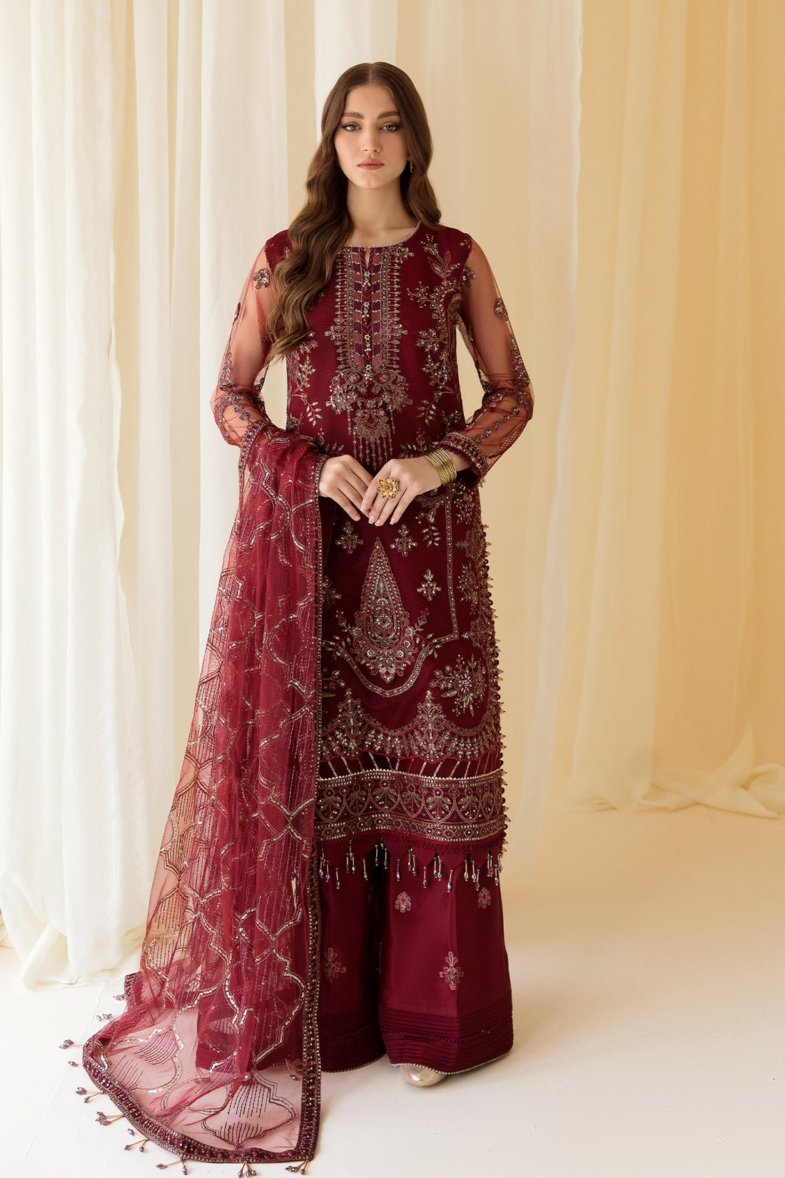 Alizeh | Formals Collection | Embroidered Net Maroon - V14D08 - Raya