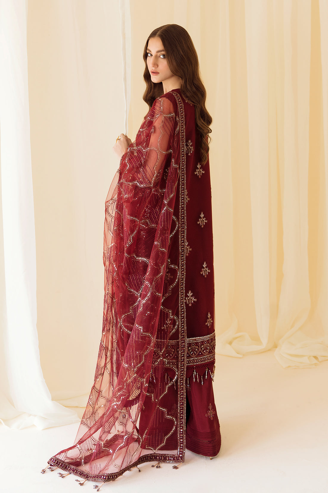 Alizeh | Formals Collection | Embroidered Net Maroon - V14D08 - Raya