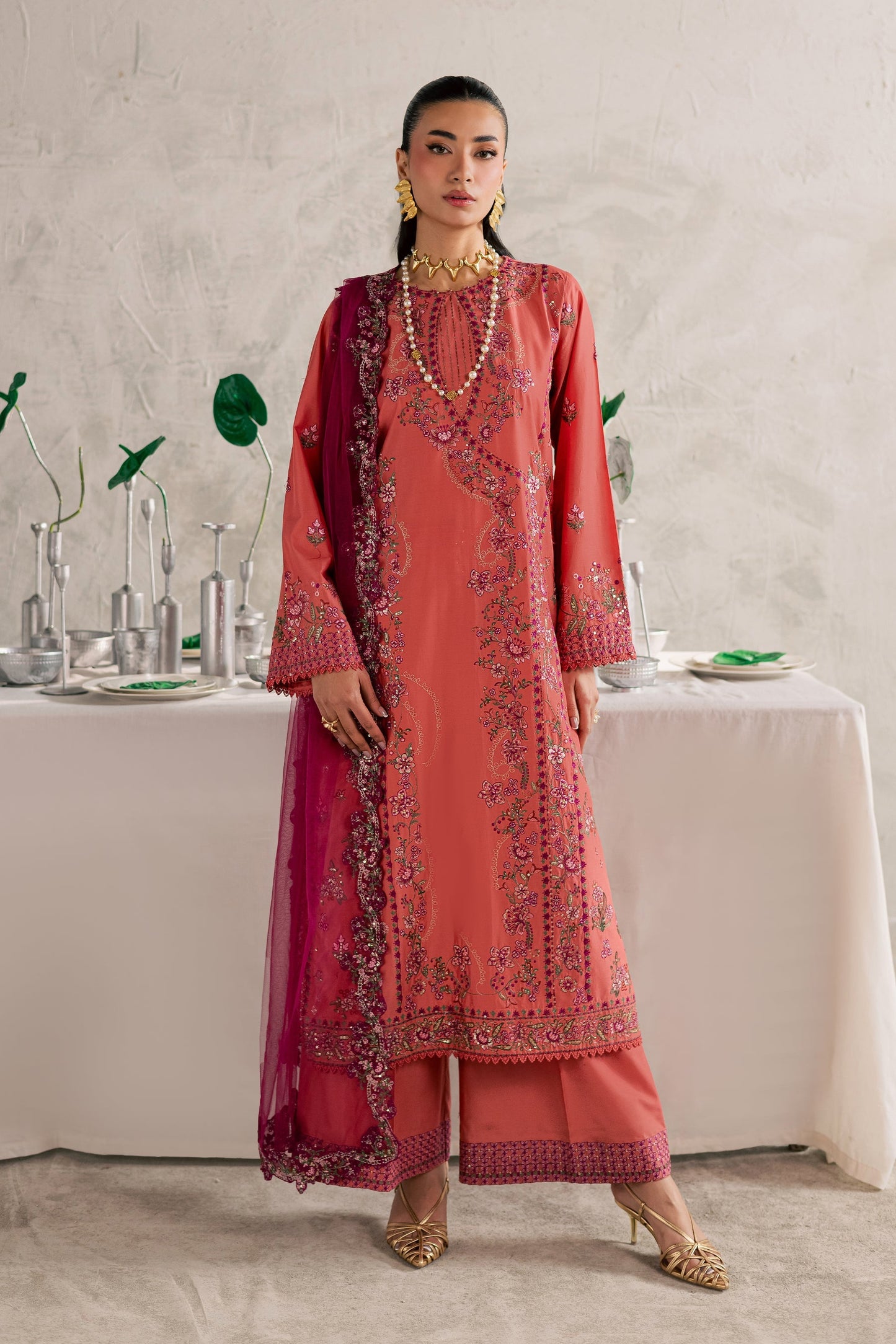 Batik | Festive Eid 26 | Rust Nazneen - Luxury Dress - available at Maria Faisal in UK and USA.