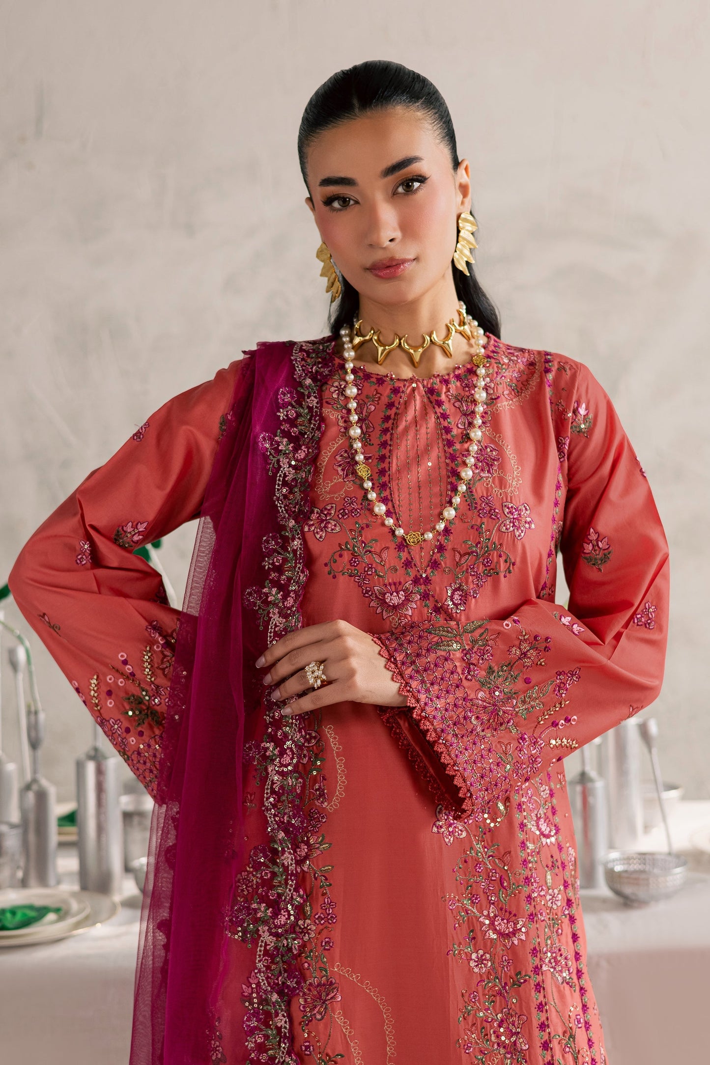 Batik | Festive Eid 26 | Rust Nazneen - Luxury Dress - available at Maria Faisal in UK and USA.