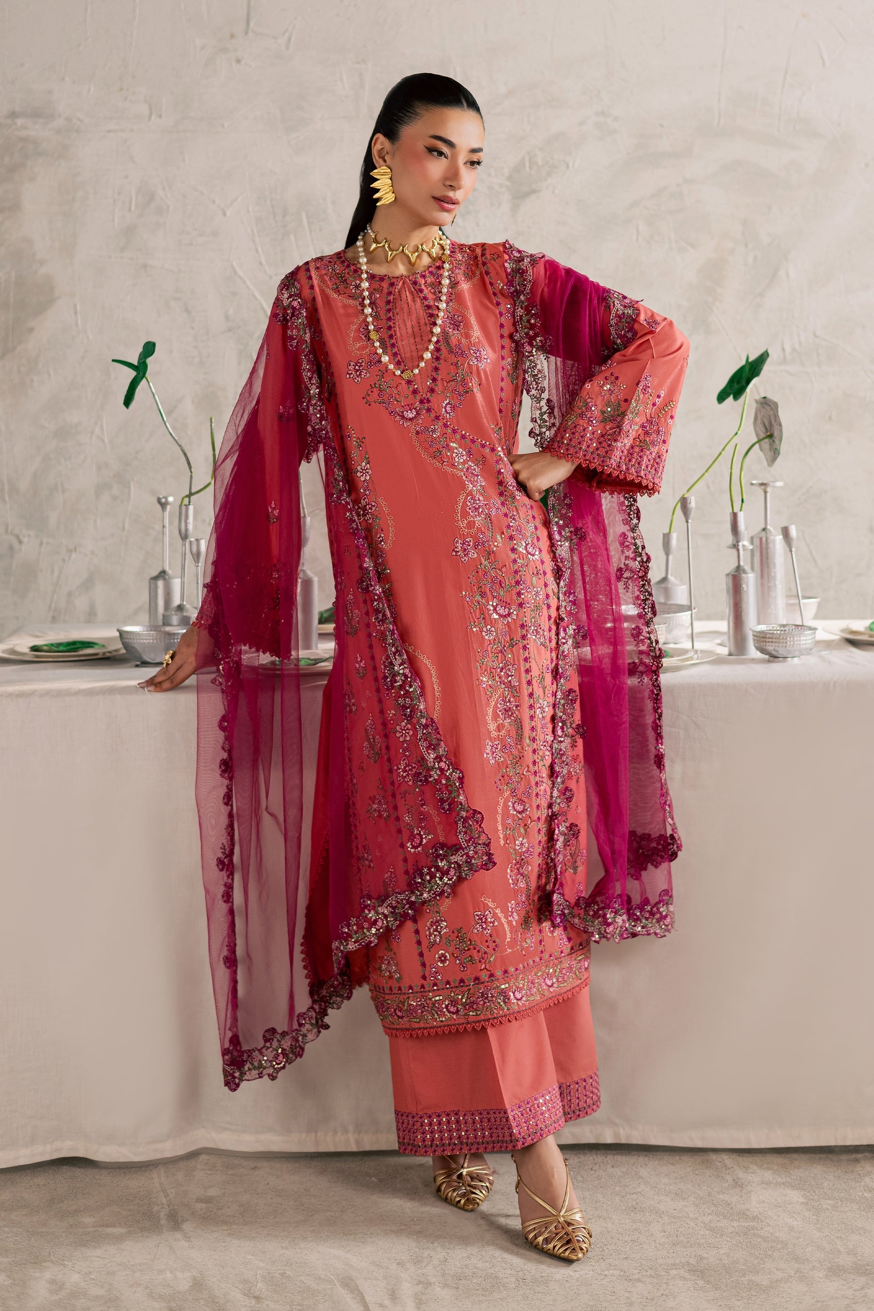 Batik | Festive Eid 26 | Rust Nazneen - Luxury Dress - available at Maria Faisal in UK and USA.