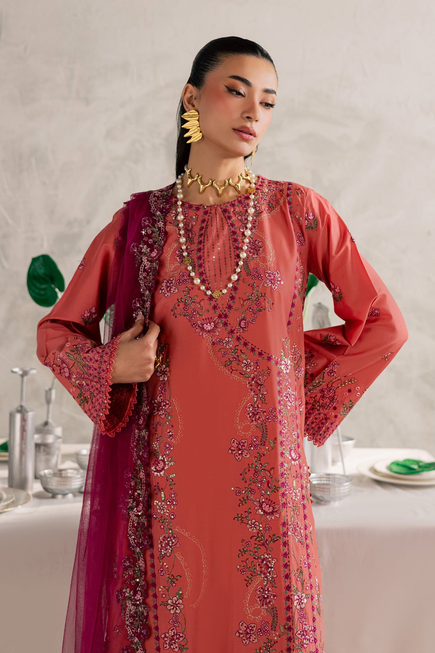 Batik | Festive Eid 26 | Rust Nazneen - Luxury Dress - available at Maria Faisal in UK and USA.