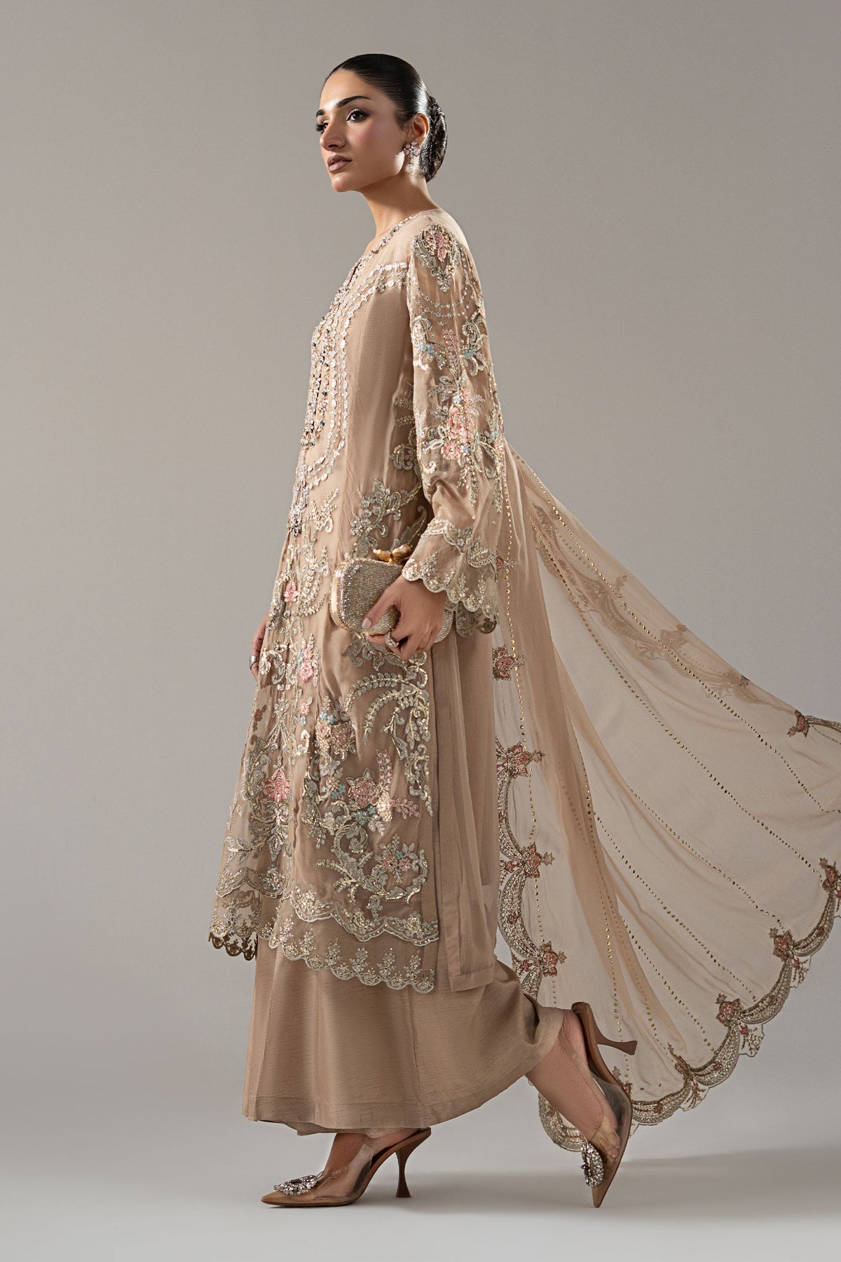 Maria B | Luxury Formals Pre Fall | SF-EA25-18R1-Skin - Formal Dress - available at Maria Faisal in UK and USA.
