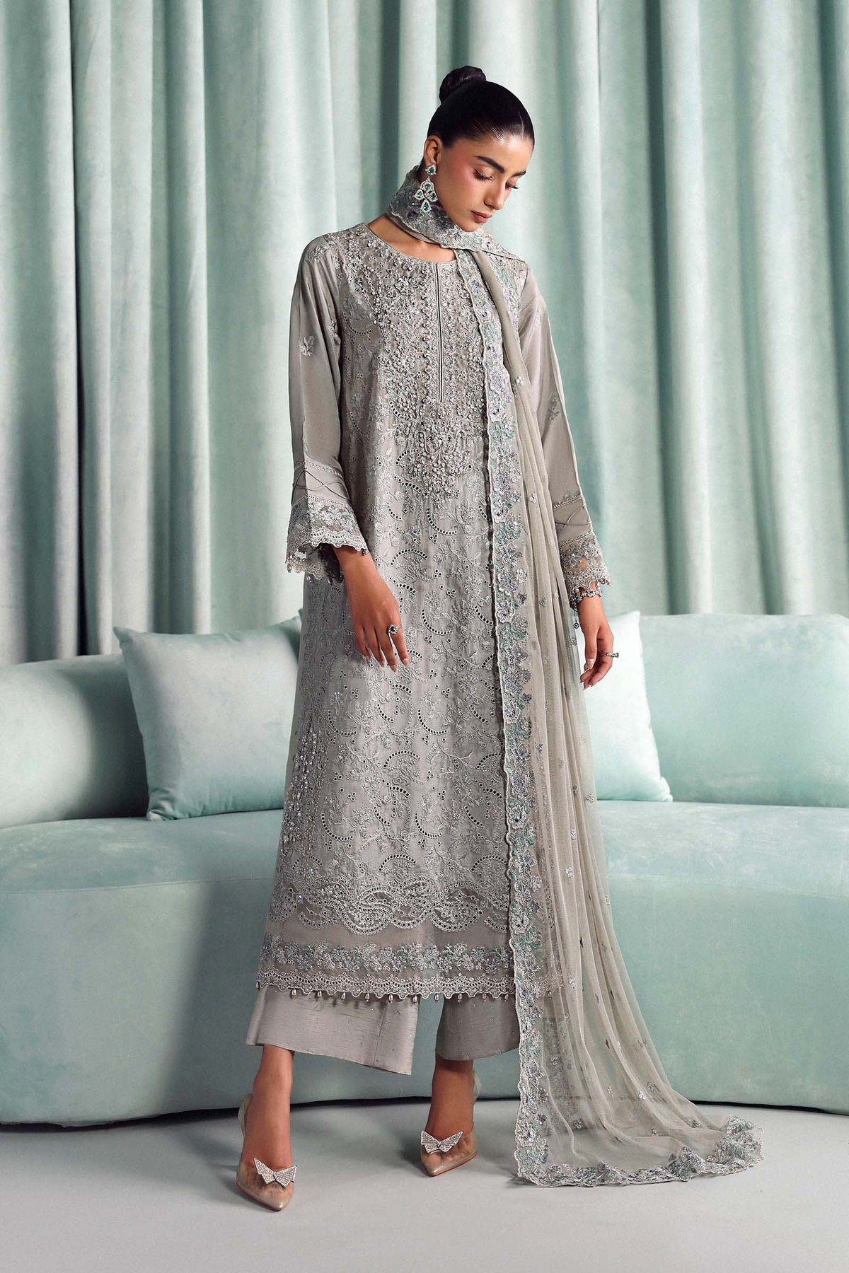 Maria B | Luxury Formals Pre Fall | SF-EA26-37-Grey - Formal Dress - available at Maria Faisal in UK and USA.