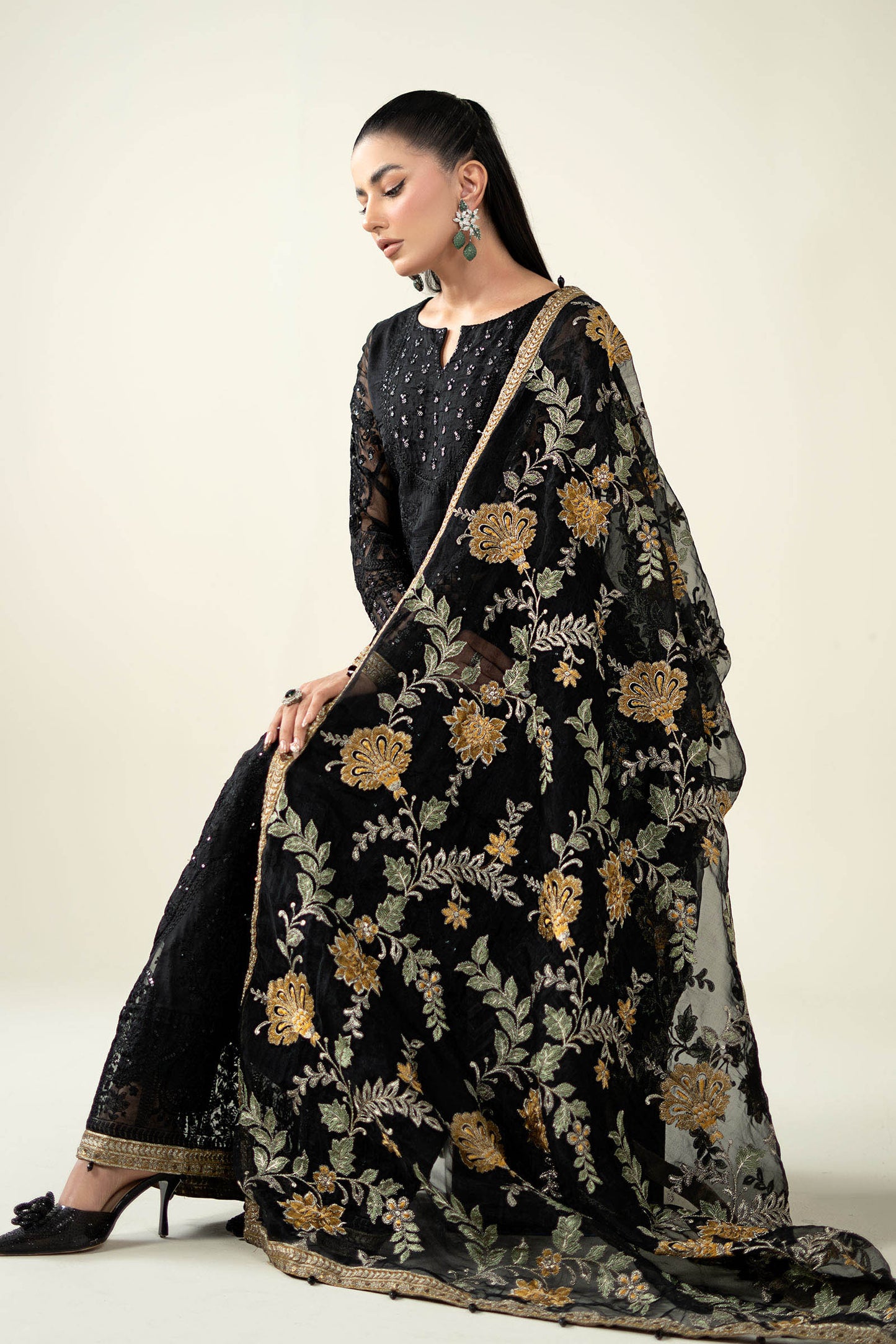 Maria B | Pre Fall Dresses | 3 Piece Embroidered Suit Black - Ladies Clothes - Maria Faisal