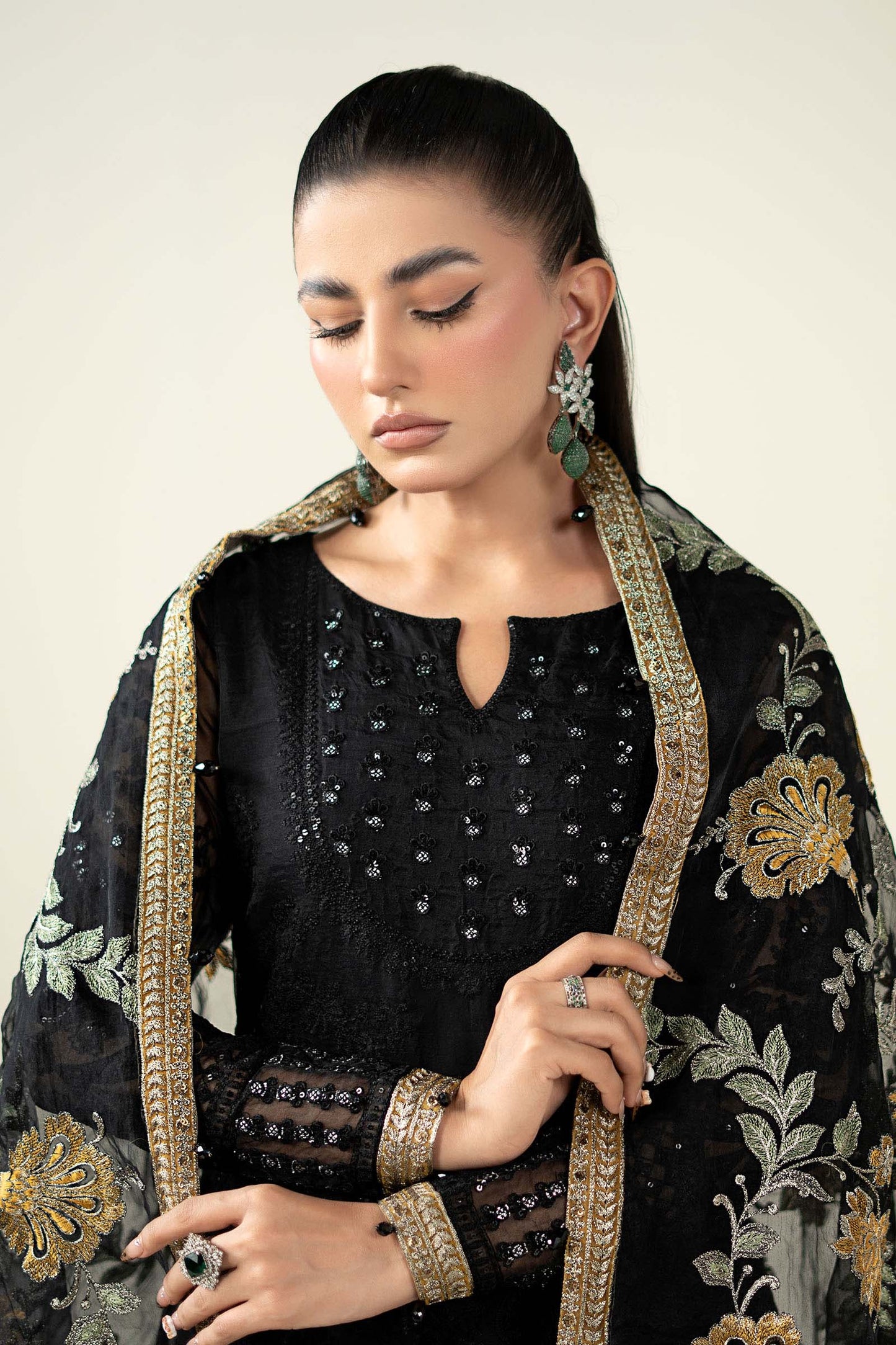 Maria B | Pre Fall Dresses | 3 Piece Embroidered Suit Black - Ladies Clothes - Maria Faisal