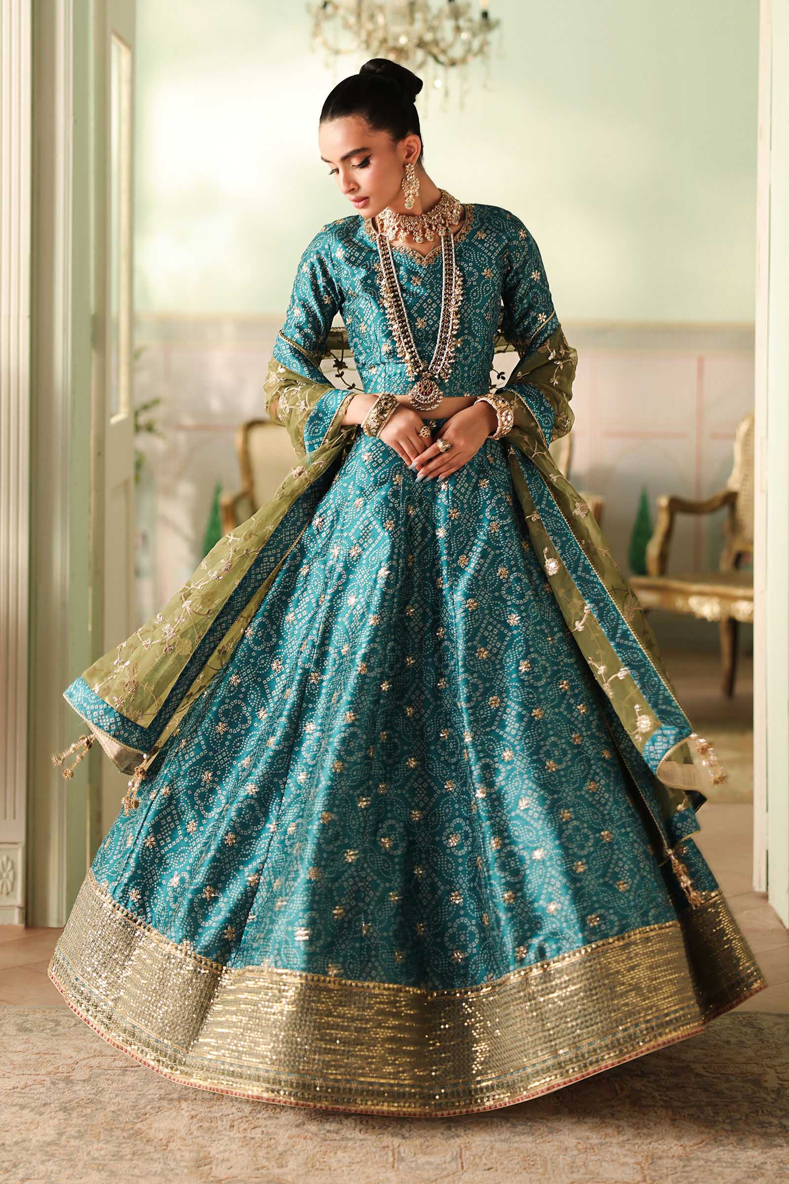 Maria B | Pre Fall Dresses | 3 Piece Embroidered Raw Silk Suit Teal Green - Ladies Clothes - Maria Faisal