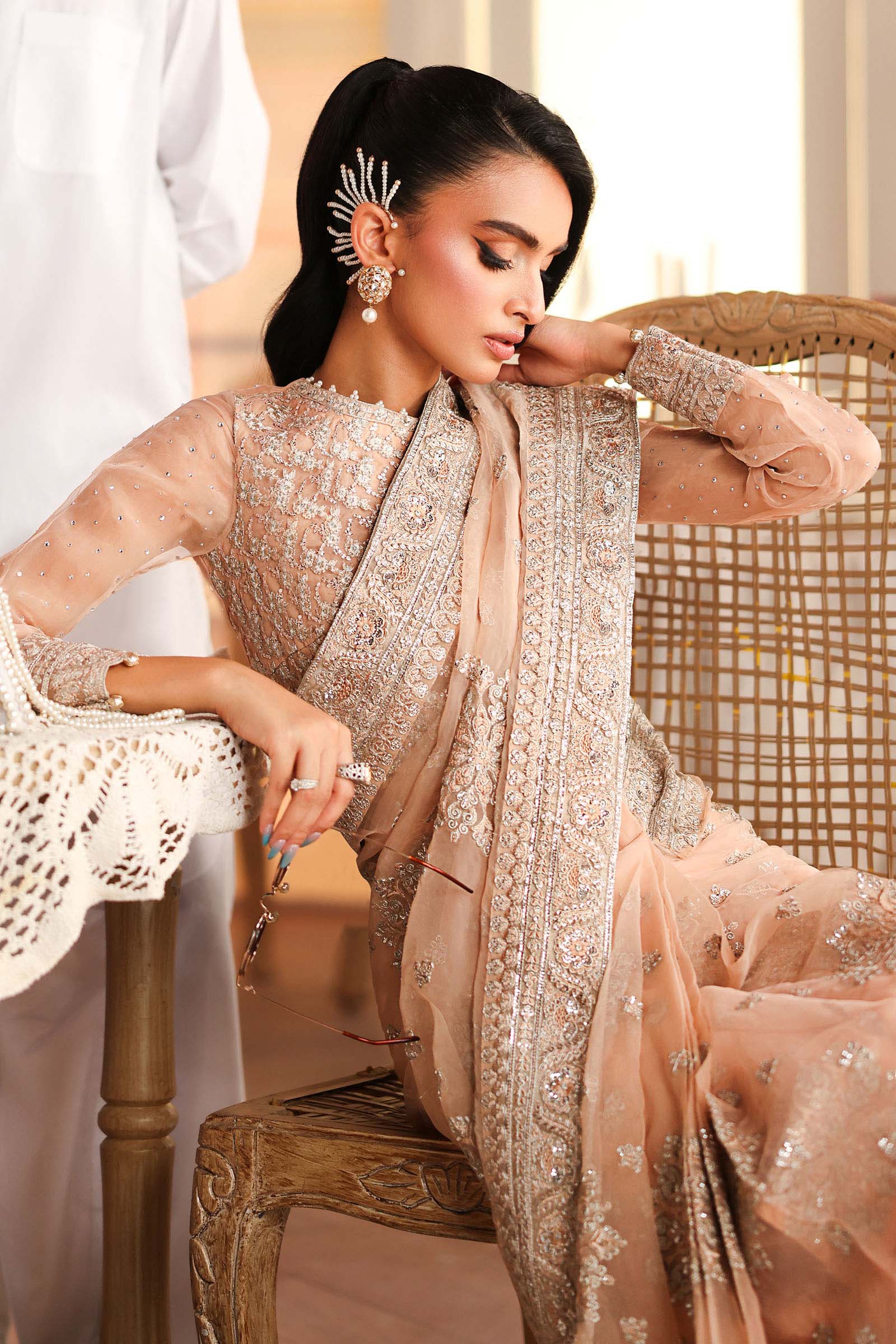 Maria B | Pre Fall Dresses | Embroidered Organza Saree Peach - Ladies Clothes - Maria Faisal