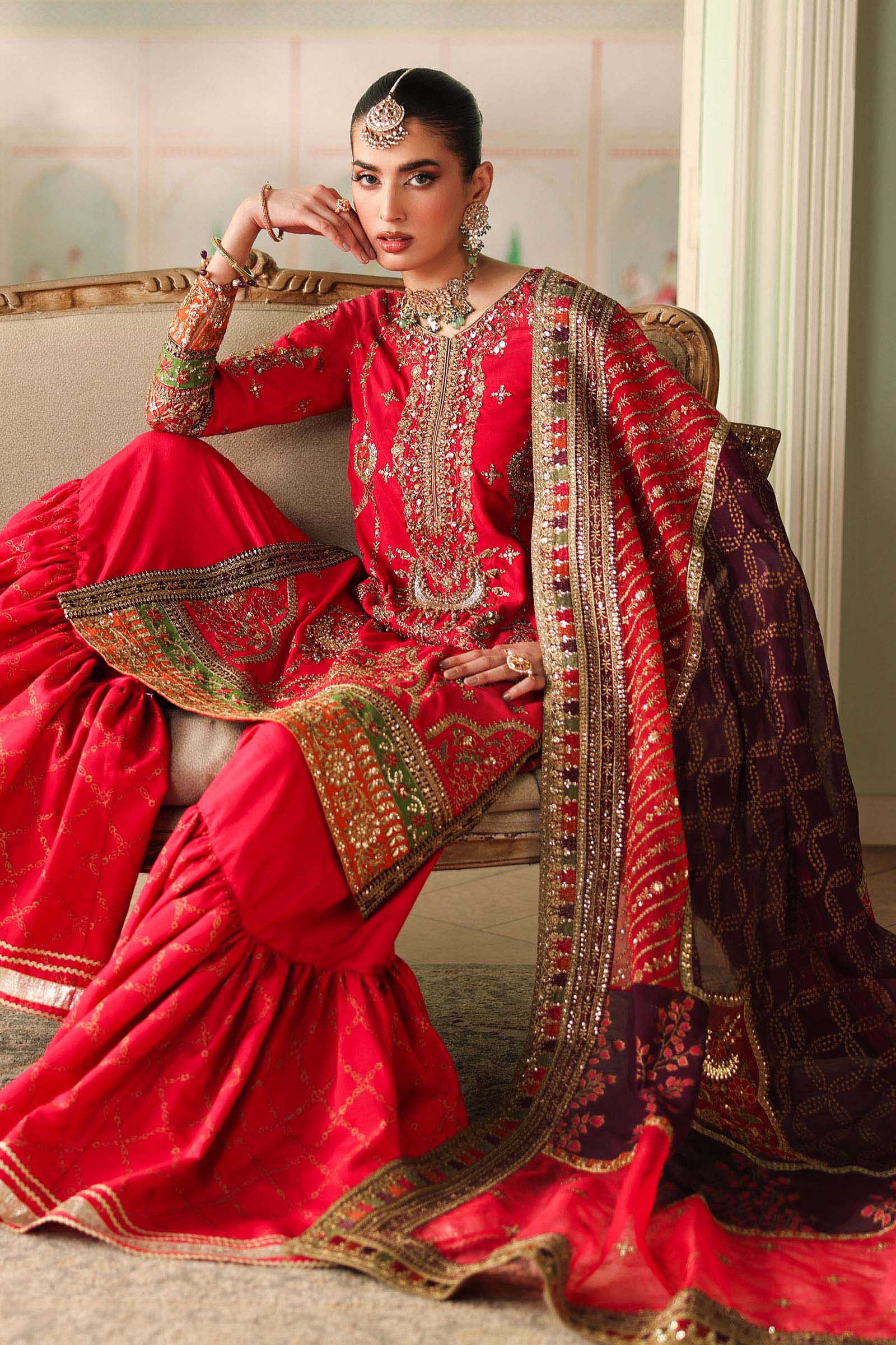 Maria B | Pre Fall Dresses | 3 Piece Embroidered Bamber Raw Silk Suit Carrot Pink - Ladies Clothes - Maria Faisal