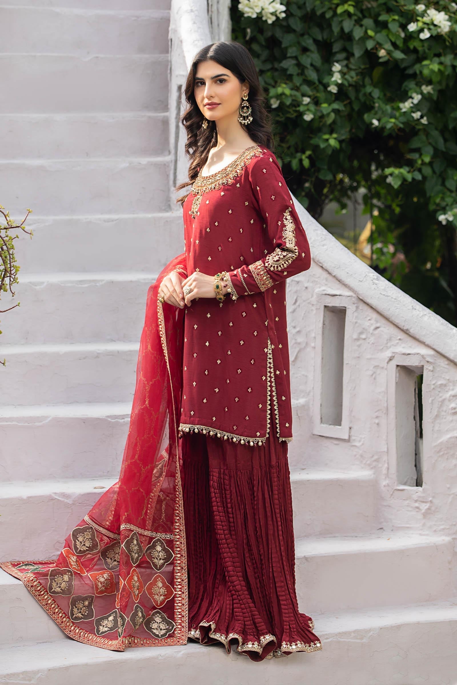 Maria B | Luxury Formals | SF-EA23-18R1-Maroon - Formal Dress - available at Maria Faisal in UK and USA.