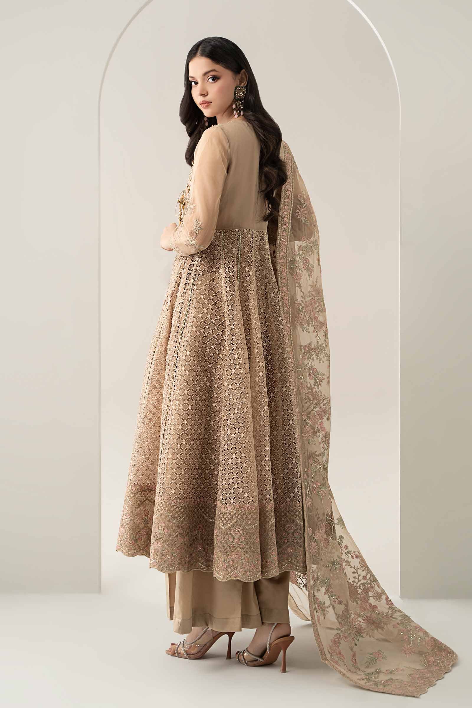 Maria B | Pre Fall Dresses | 3 Piece Embroidered Organza Suit Beige - Ladies Clothes - Maria Faisal