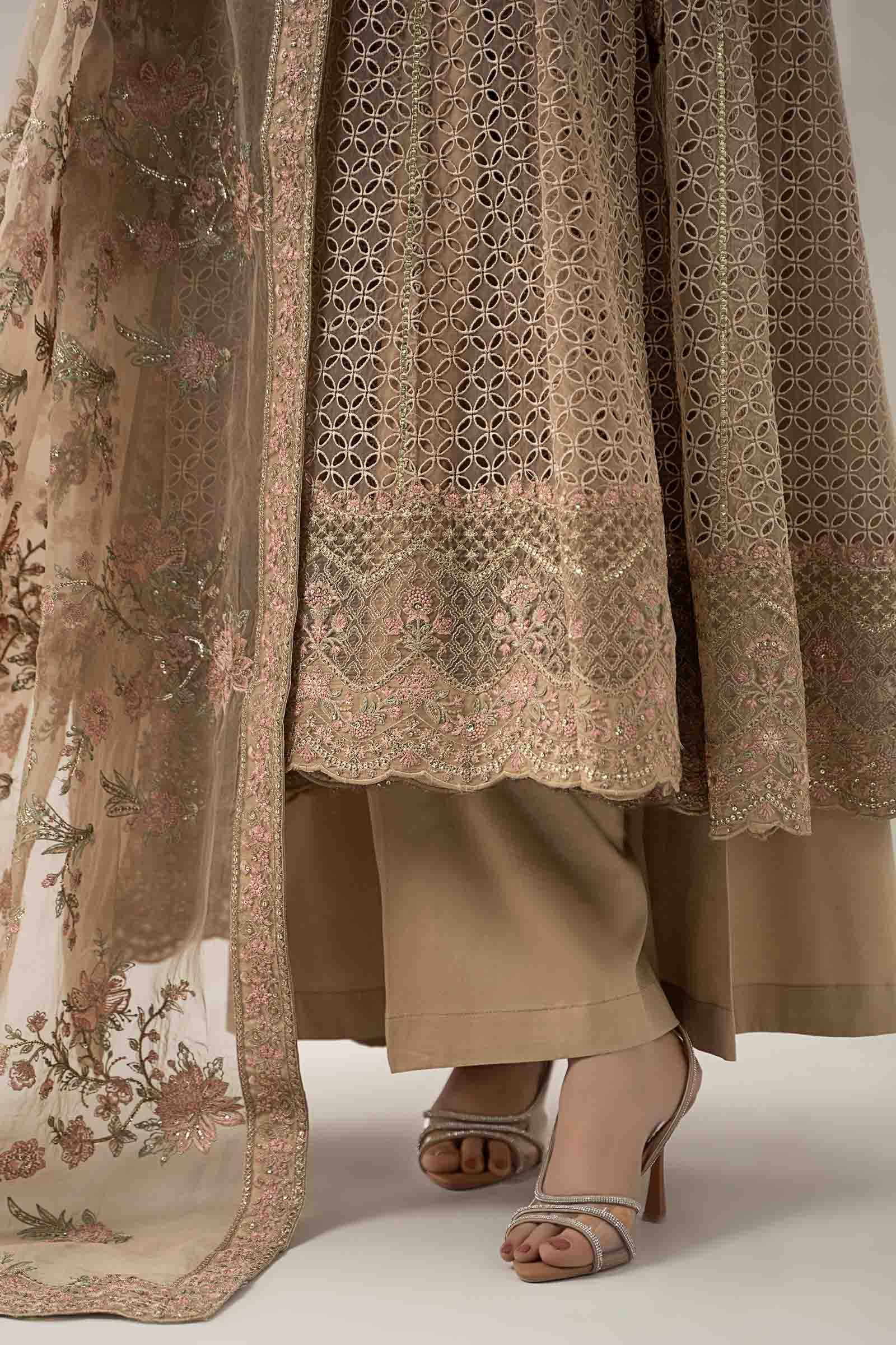 Maria B | Pre Fall Dresses | 3 Piece Embroidered Organza Suit Beige - Ladies Clothes - Maria Faisal