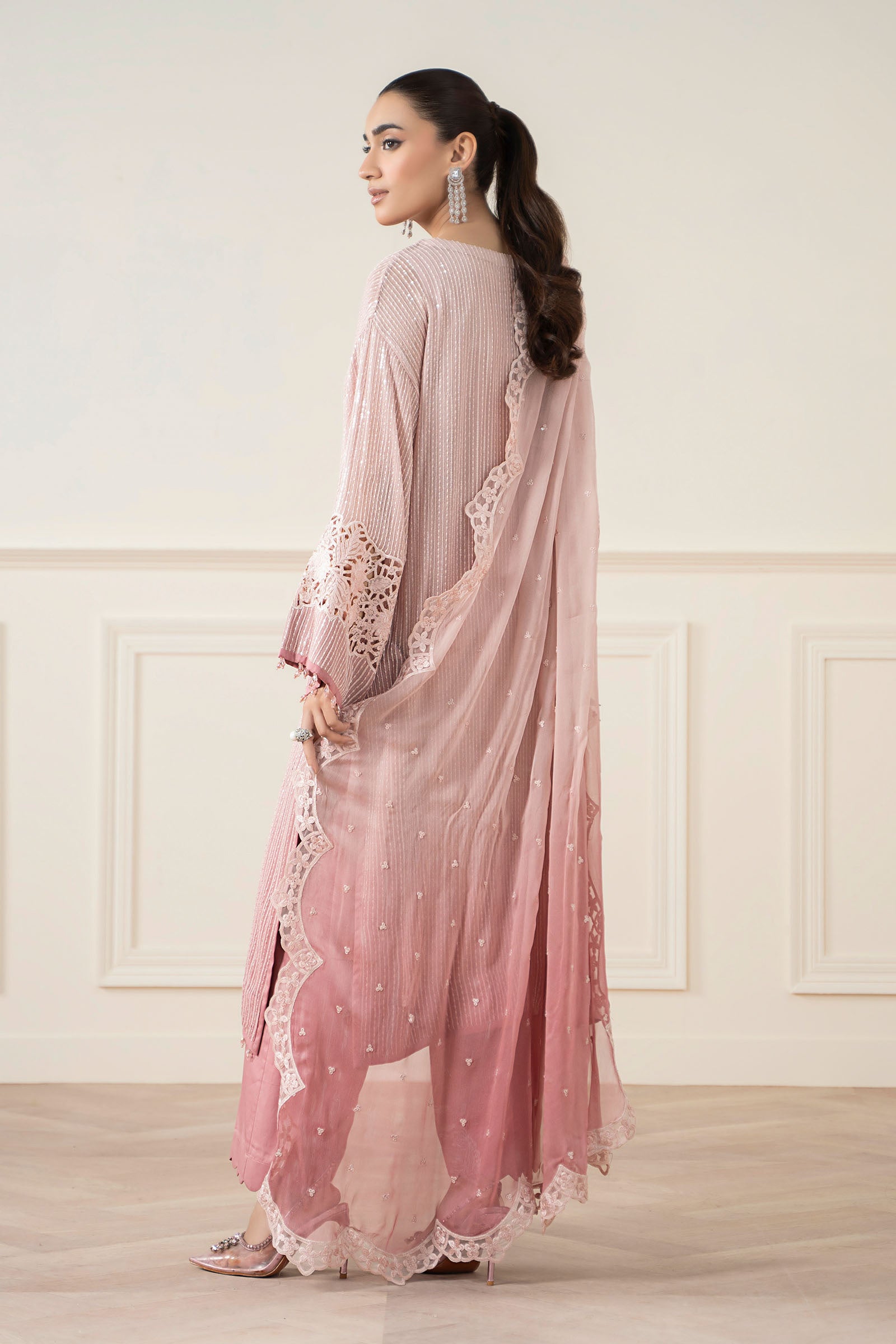 Maria B | Pre Fall Dresses | 3 Piece Embroidered Chiffon Suit Pink - Ladies Clothes - Maria Faisal