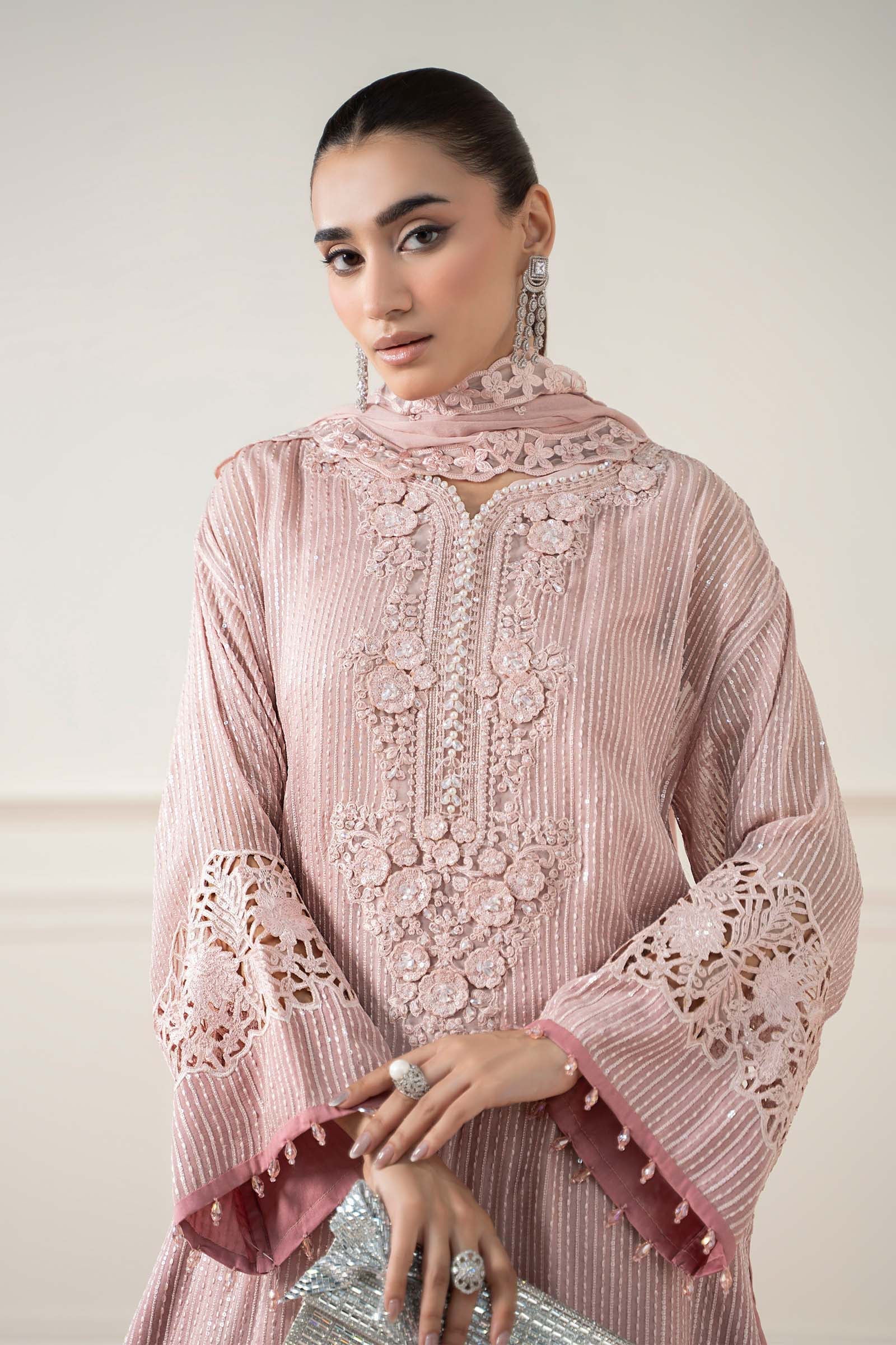 Maria B | Pre Fall Dresses | 3 Piece Embroidered Chiffon Suit Pink - Ladies Clothes - Maria Faisal