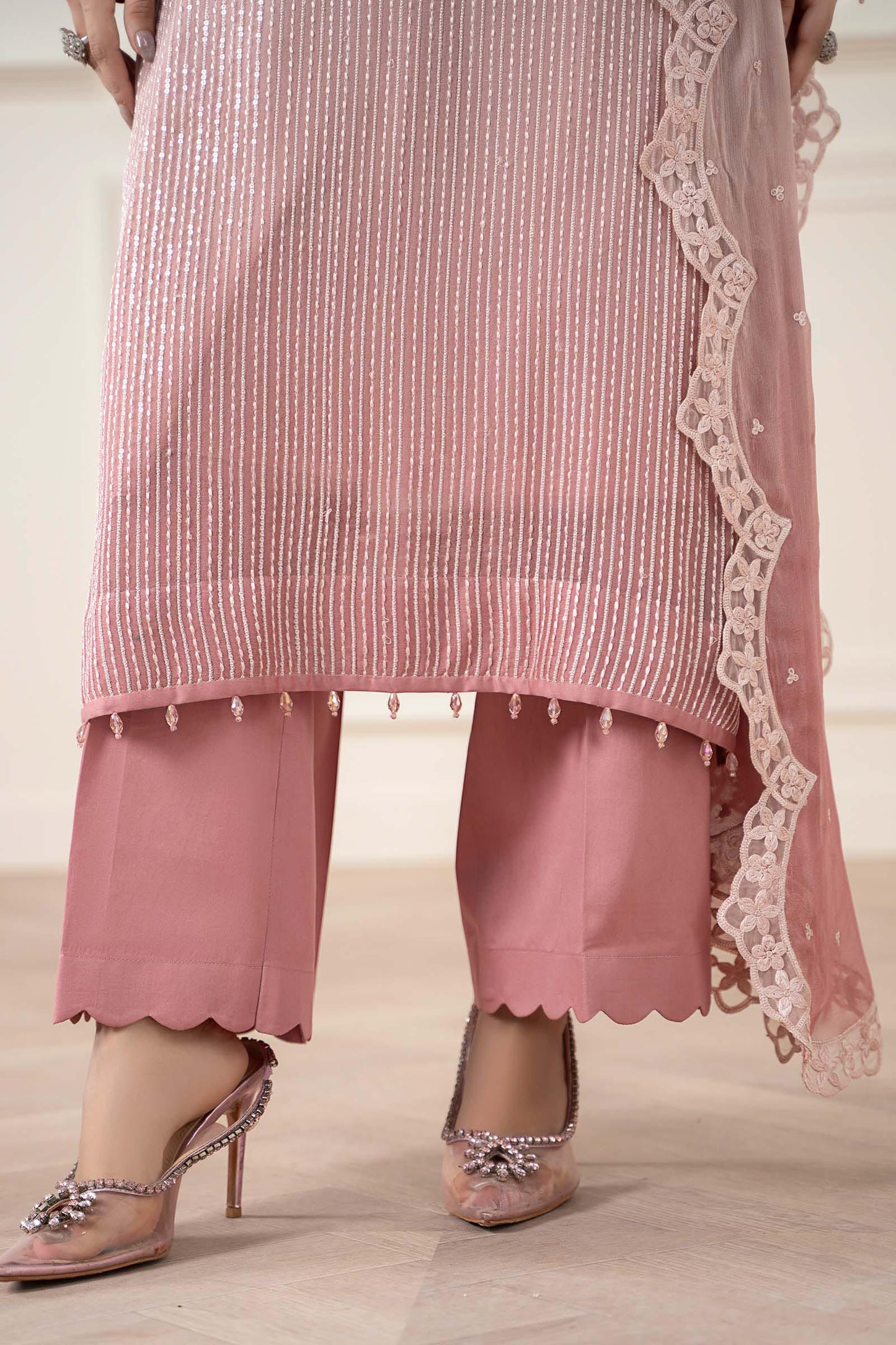 Maria B | Pre Fall Dresses | 3 Piece Embroidered Chiffon Suit Pink - Ladies Clothes - Maria Faisal
