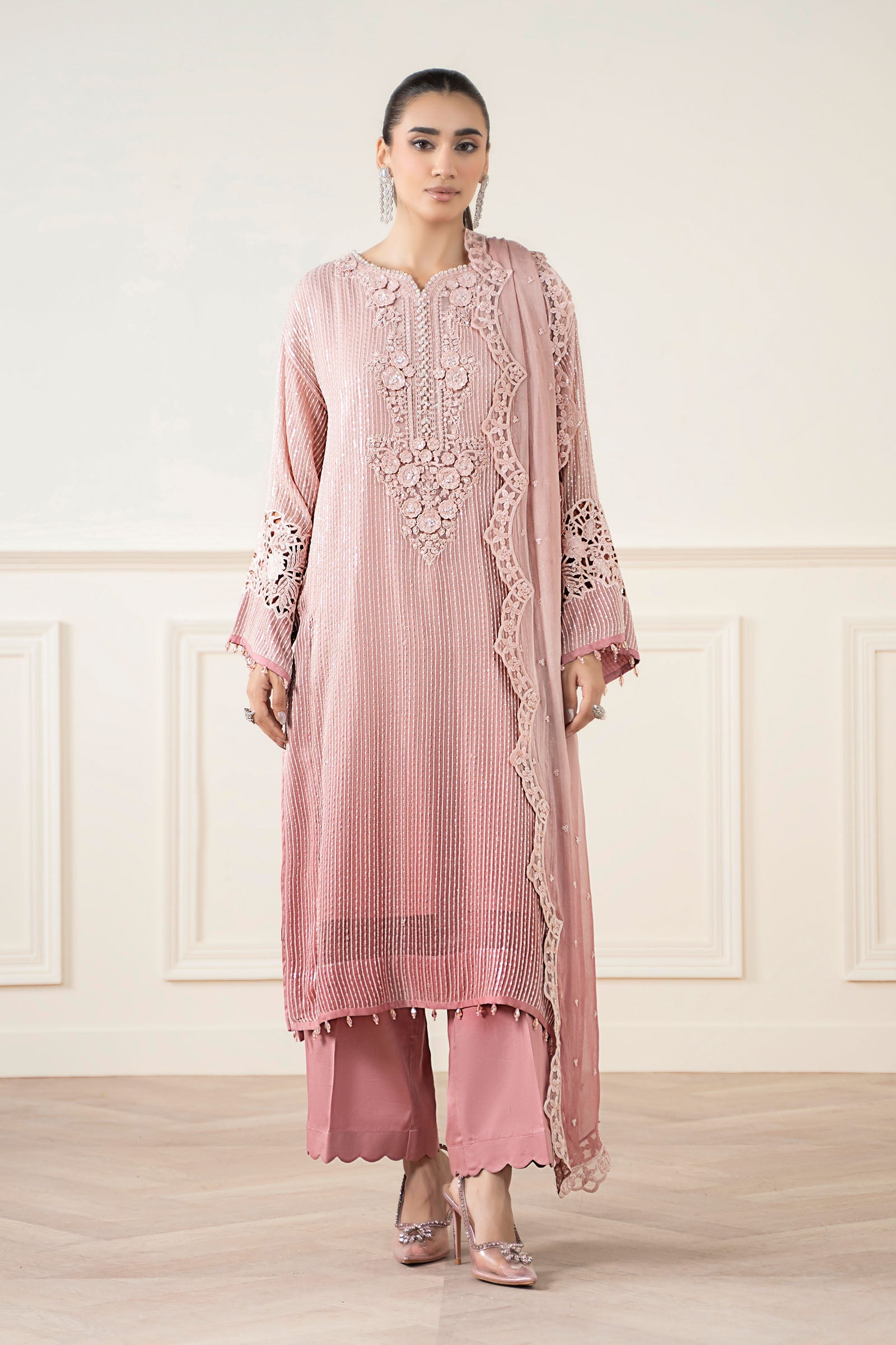 Maria B | Pre Fall Dresses | 3 Piece Embroidered Chiffon Suit Pink - Ladies Clothes - Maria Faisal