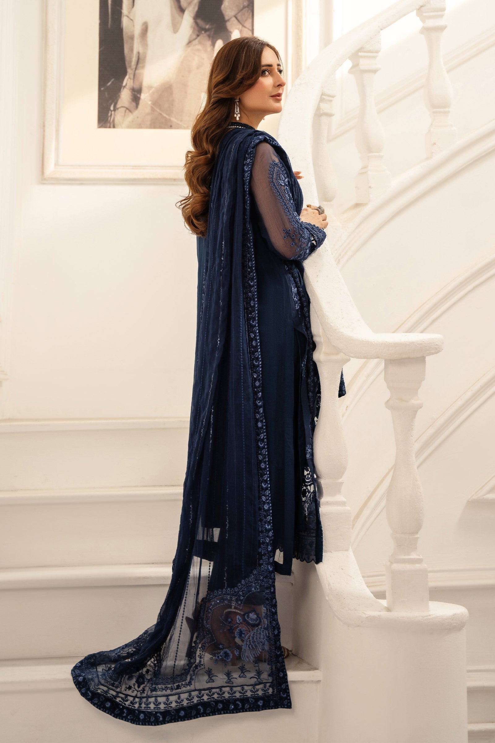 Maria B | Pre Fall Dresses | 3 Piece Embroidered Chiffon Suit RR - Ladies Clothes - Maria Faisal