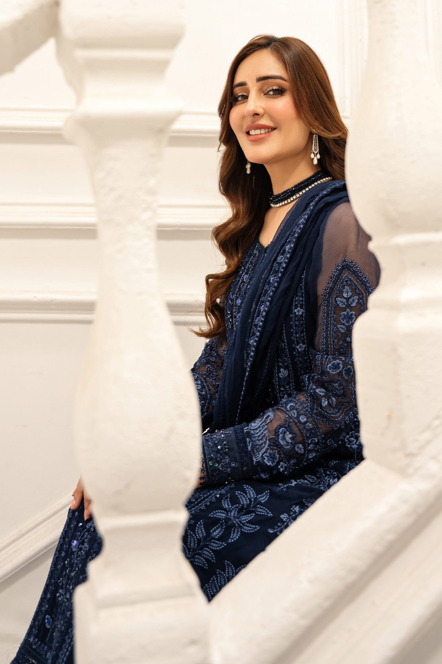 Maria B | Pre Fall Dresses | 3 Piece Embroidered Chiffon Suit RR - Ladies Clothes - Maria Faisal