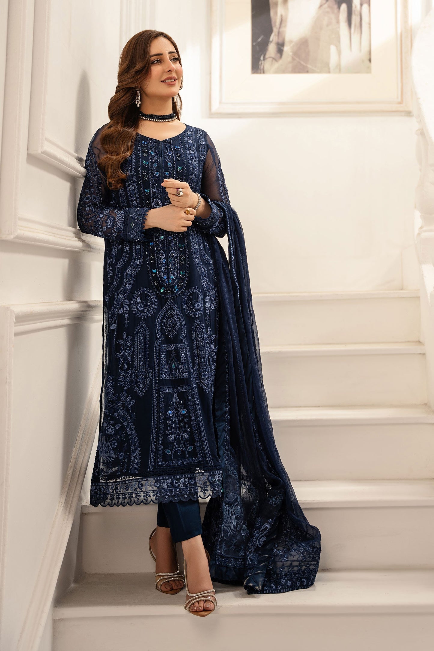 Maria B | Pre Fall Dresses | 3 Piece Embroidered Chiffon Suit RR - Ladies Clothes - Maria Faisal