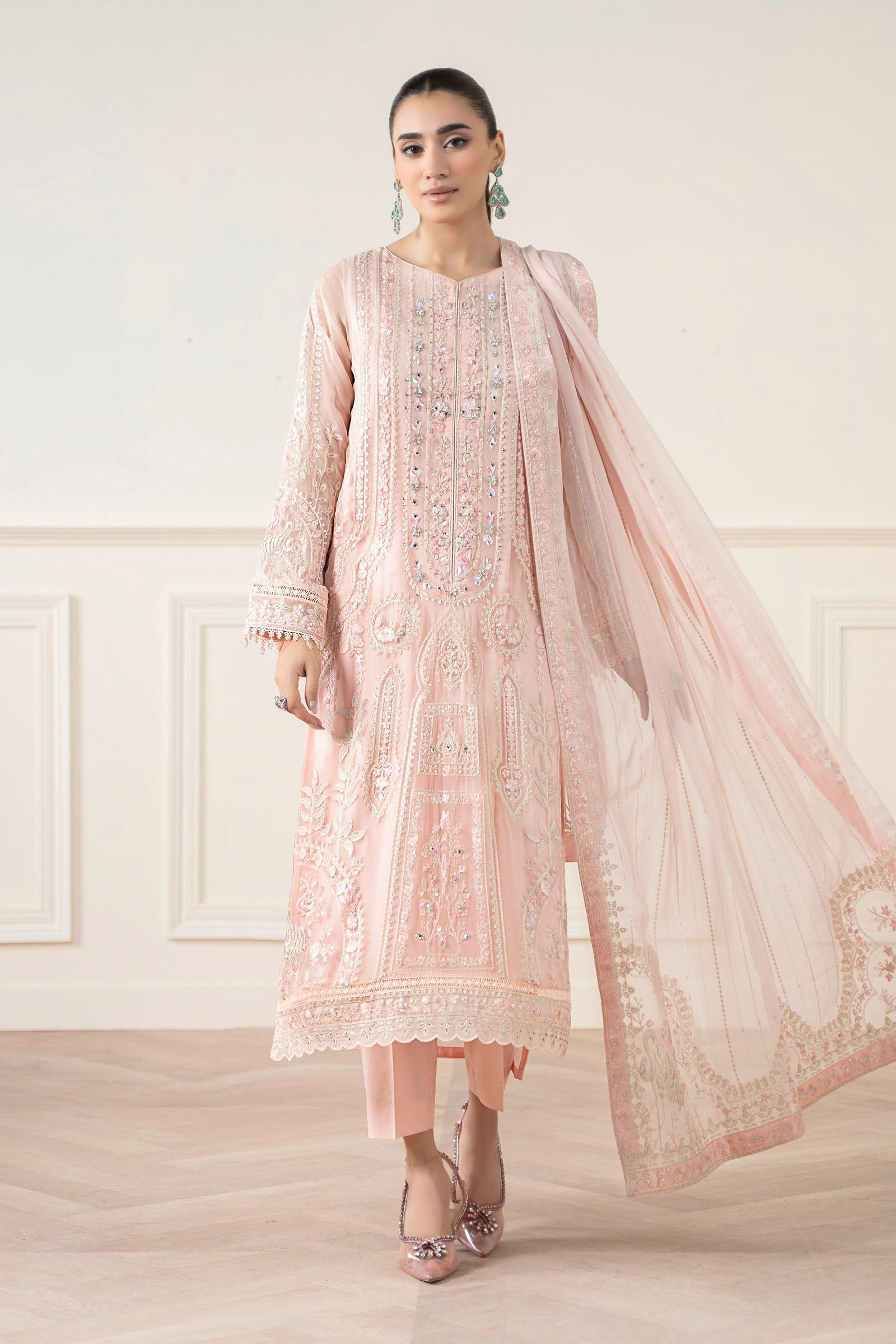 Maria B | Pre Fall Dresses | 3 Piece Embroidered Chiffon Suit OO - Ladies Clothes - Maria Faisal