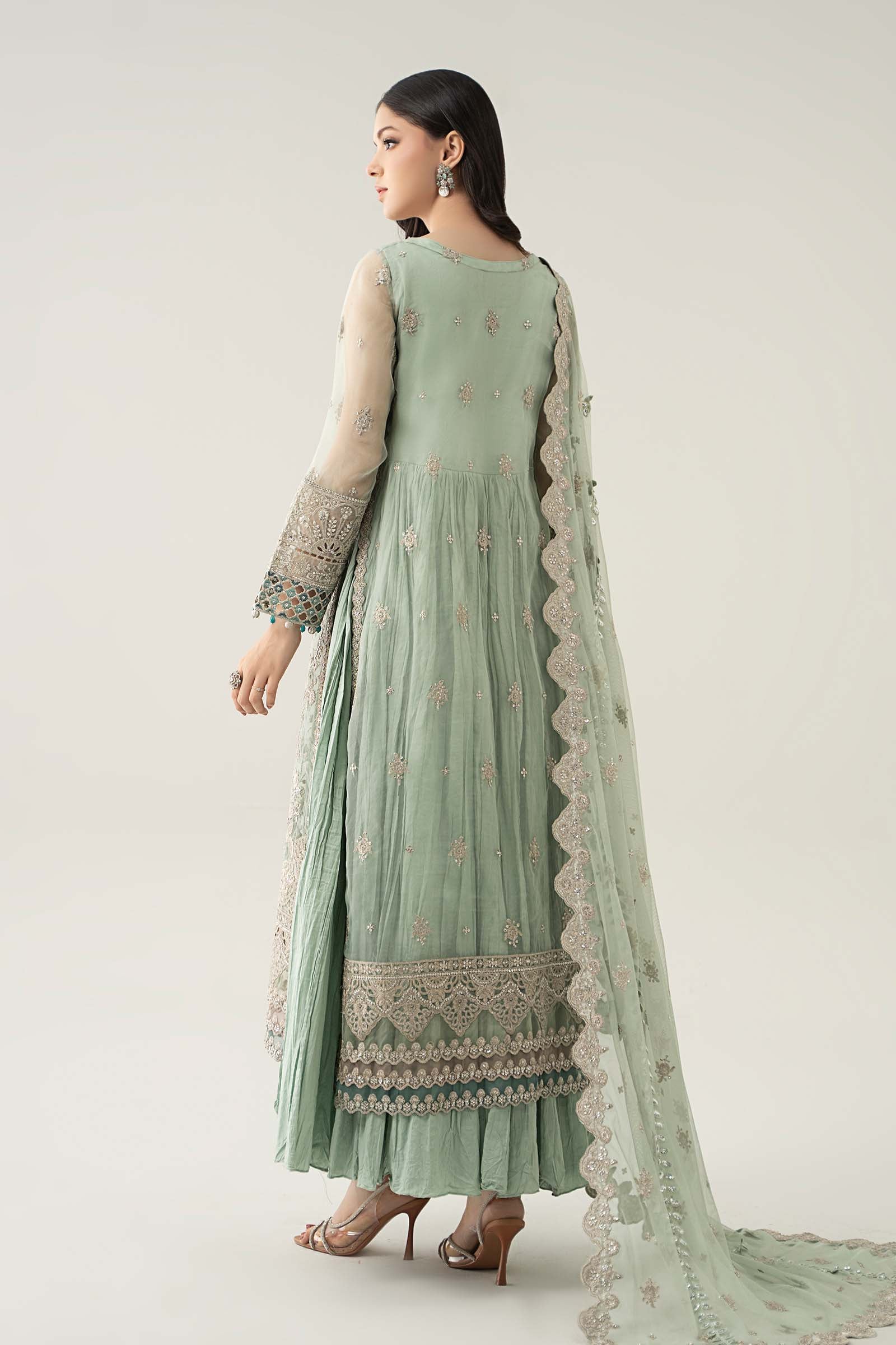 Maria B | Pre Fall Dresses | 3 Piece Embroidered Organza Suit Sea Green - Ladies Clothes - Maria Faisal