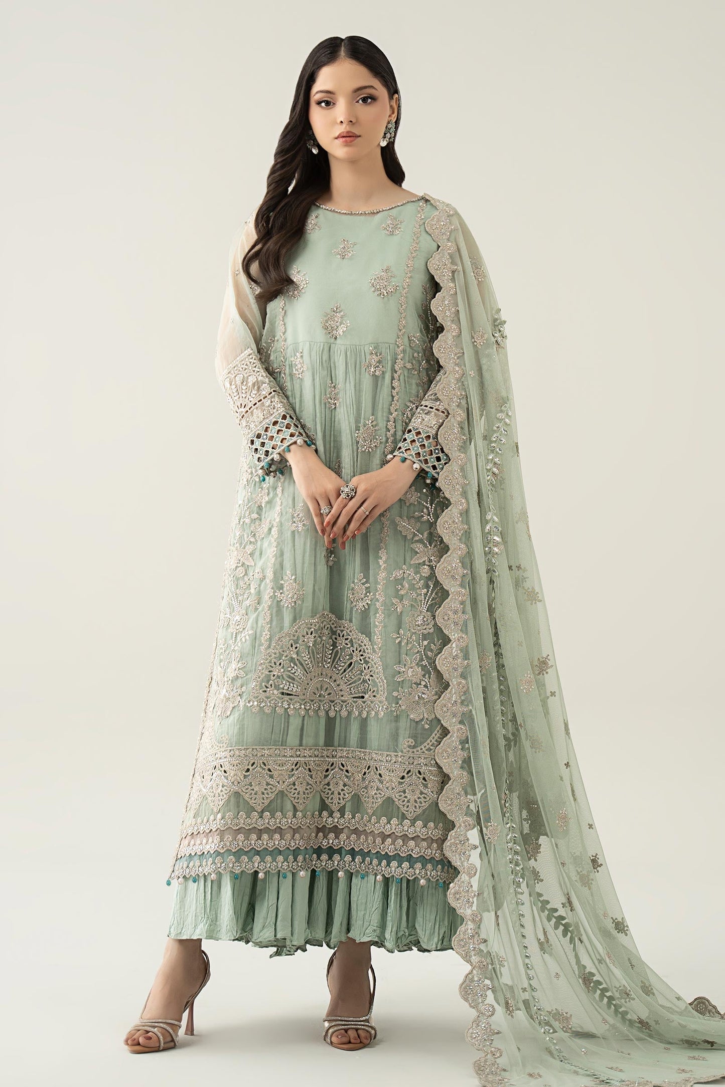 Maria B | Pre Fall Dresses | 3 Piece Embroidered Organza Suit Sea Green - Ladies Clothes - Maria Faisal