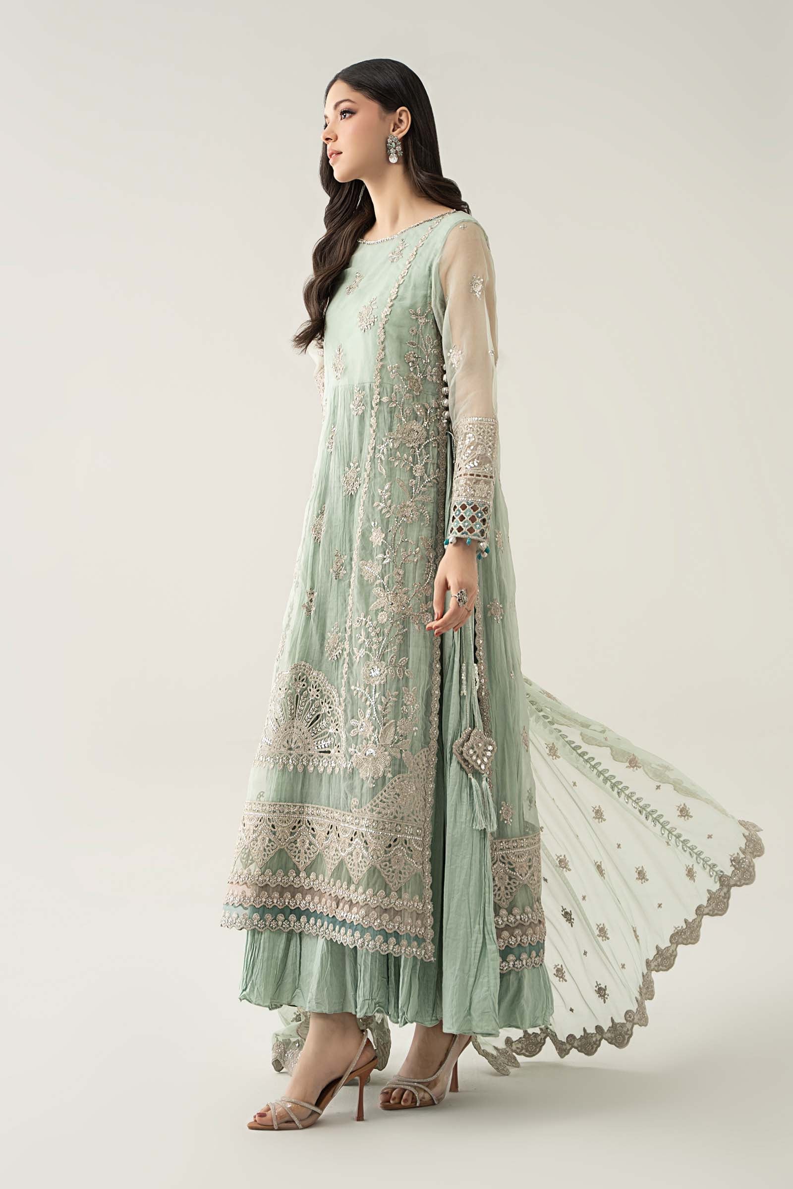 Maria B | Pre Fall Dresses | 3 Piece Embroidered Organza Suit Sea Green - Ladies Clothes - Maria Faisal