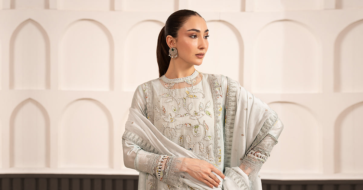 Maria B | Luxury Formals Pre Fall | SF-EA26-24-Ice Blue - Formal Dress - available at Maria Faisal in UK and USA.