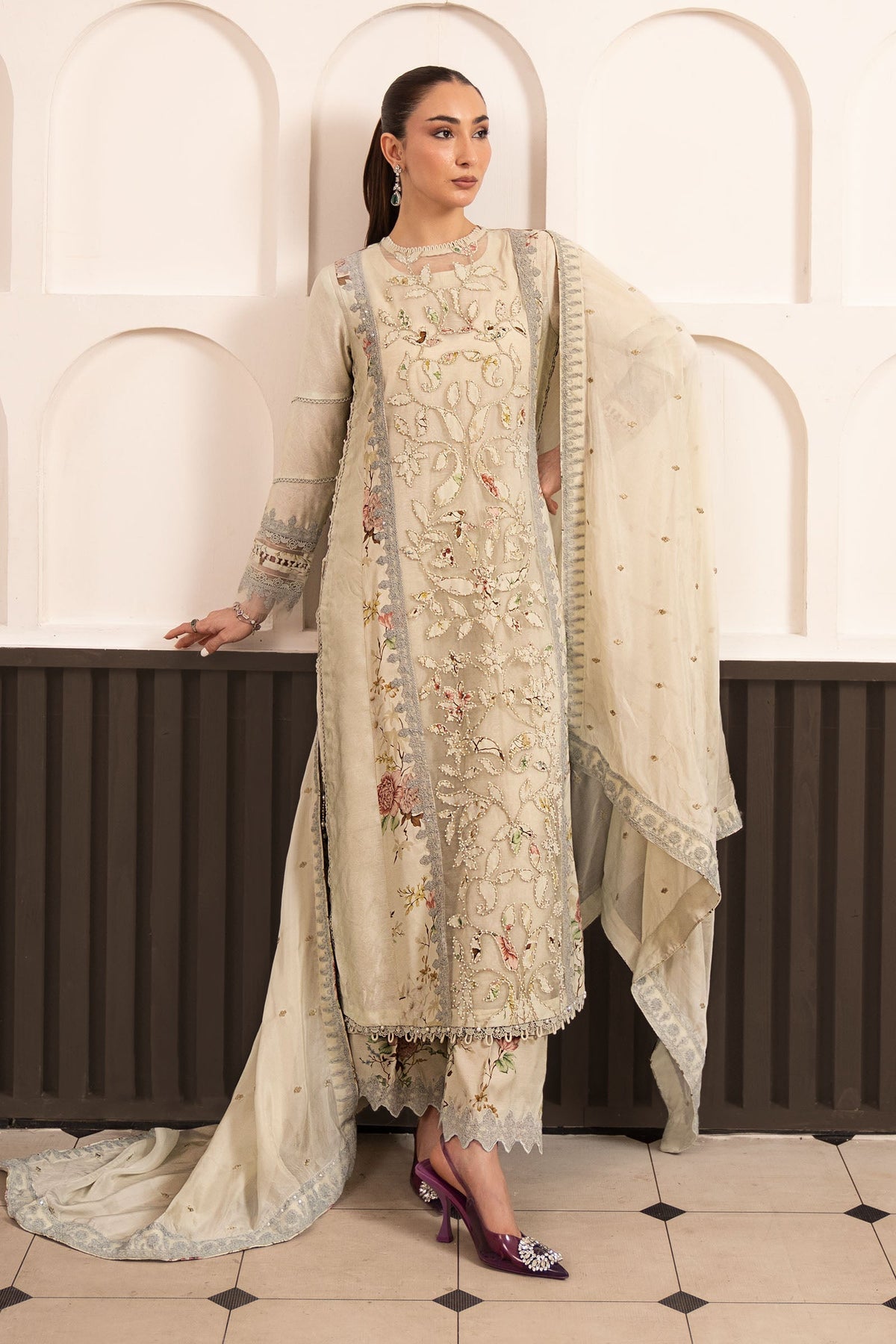 Maria B | Luxury Formals Pre Fall | SF-EA26-24-Light Yellow - Formal Dress - available at Maria Faisal in UK and USA.