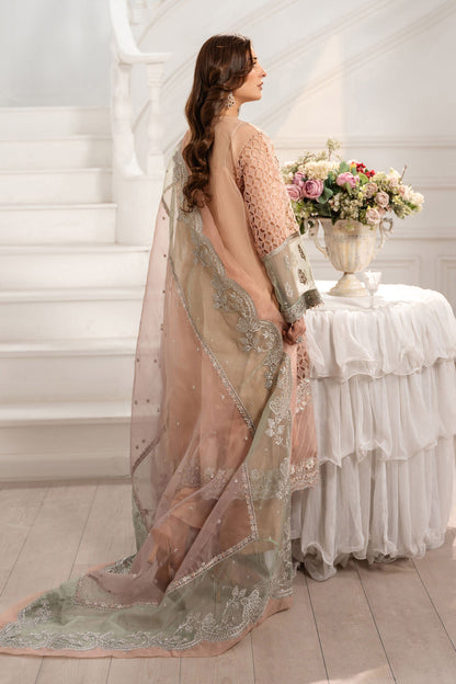 Maria B | Pre Fall Dresses | 3 Piece Embroidered Organza Suit Peach - Ladies Clothes - Maria Faisal