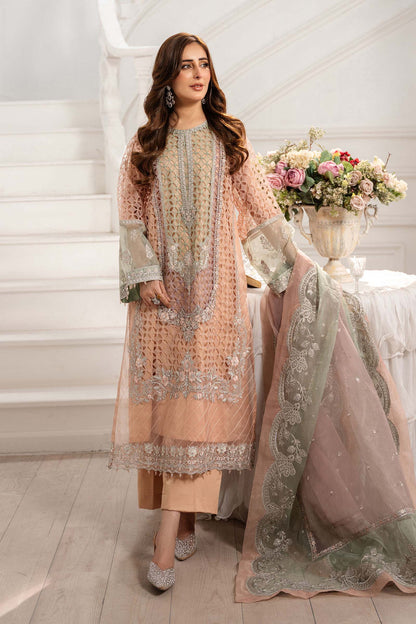 Maria B | Pre Fall Dresses | 3 Piece Embroidered Organza Suit Peach - Ladies Clothes - Maria Faisal