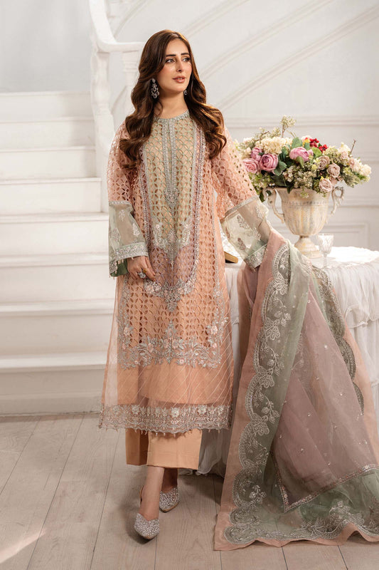 Maria B | Pre Fall Dresses | 3 Piece Embroidered Organza Suit Peach - Ladies Clothes - Maria Faisal