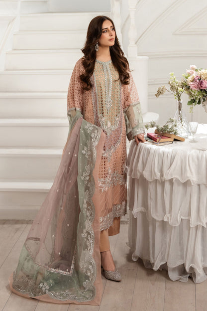 Maria B | Pre Fall Dresses | 3 Piece Embroidered Organza Suit Peach - Ladies Clothes - Maria Faisal