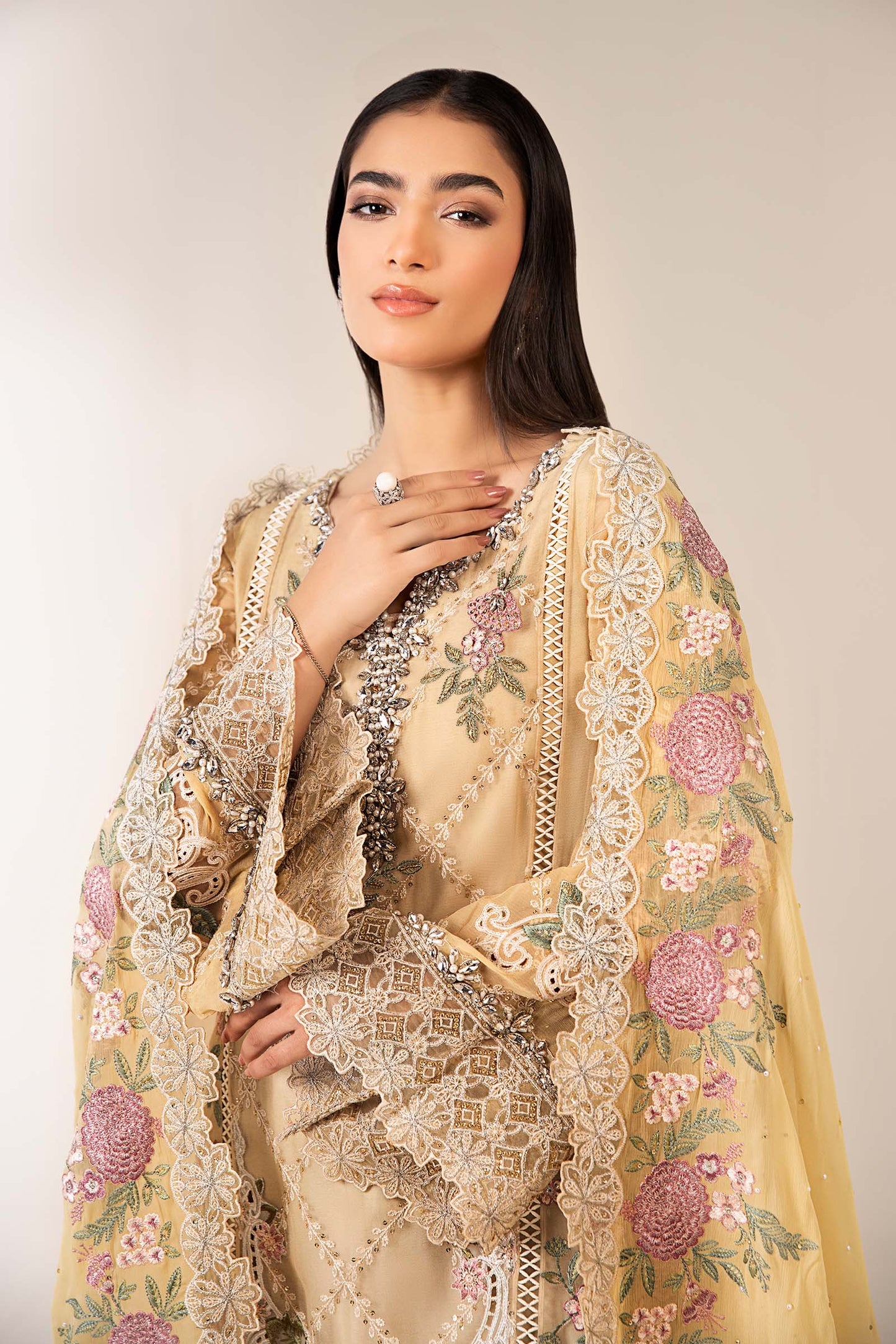 Maria B | Pre Fall Dresses | 3 Piece Embroidered Chiffon Suit Yellow - Ladies Clothes - Maria Faisal