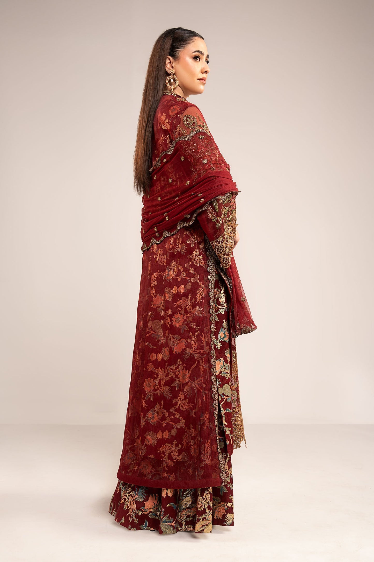Maria B | Luxury Formals | SF-EF26-02-Maroon - Formal Dress - available at Maria Faisal in UK and USA.