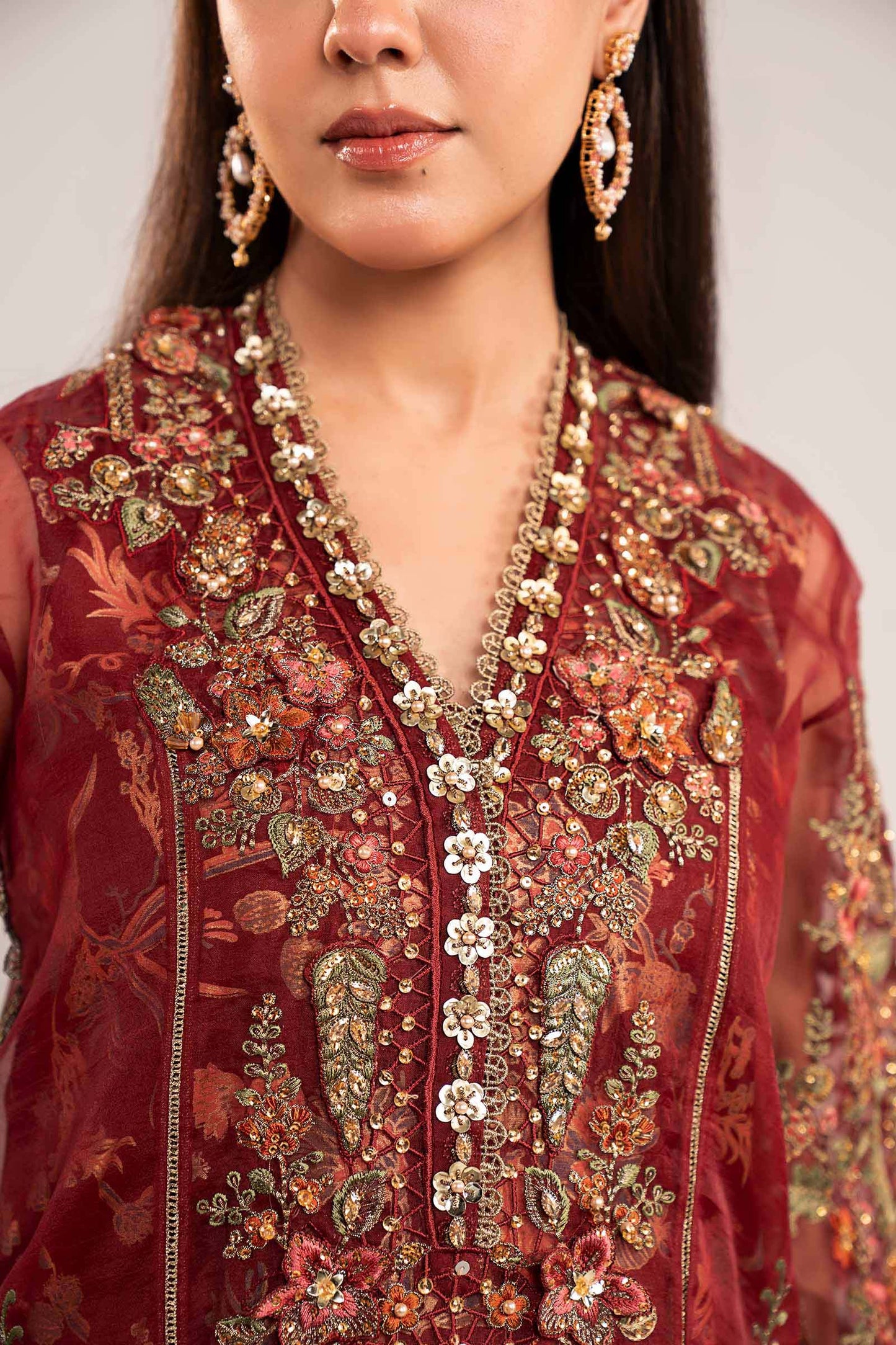 Maria B | Luxury Formals | SF-EF26-02-Maroon - Formal Dress - available at Maria Faisal in UK and USA.